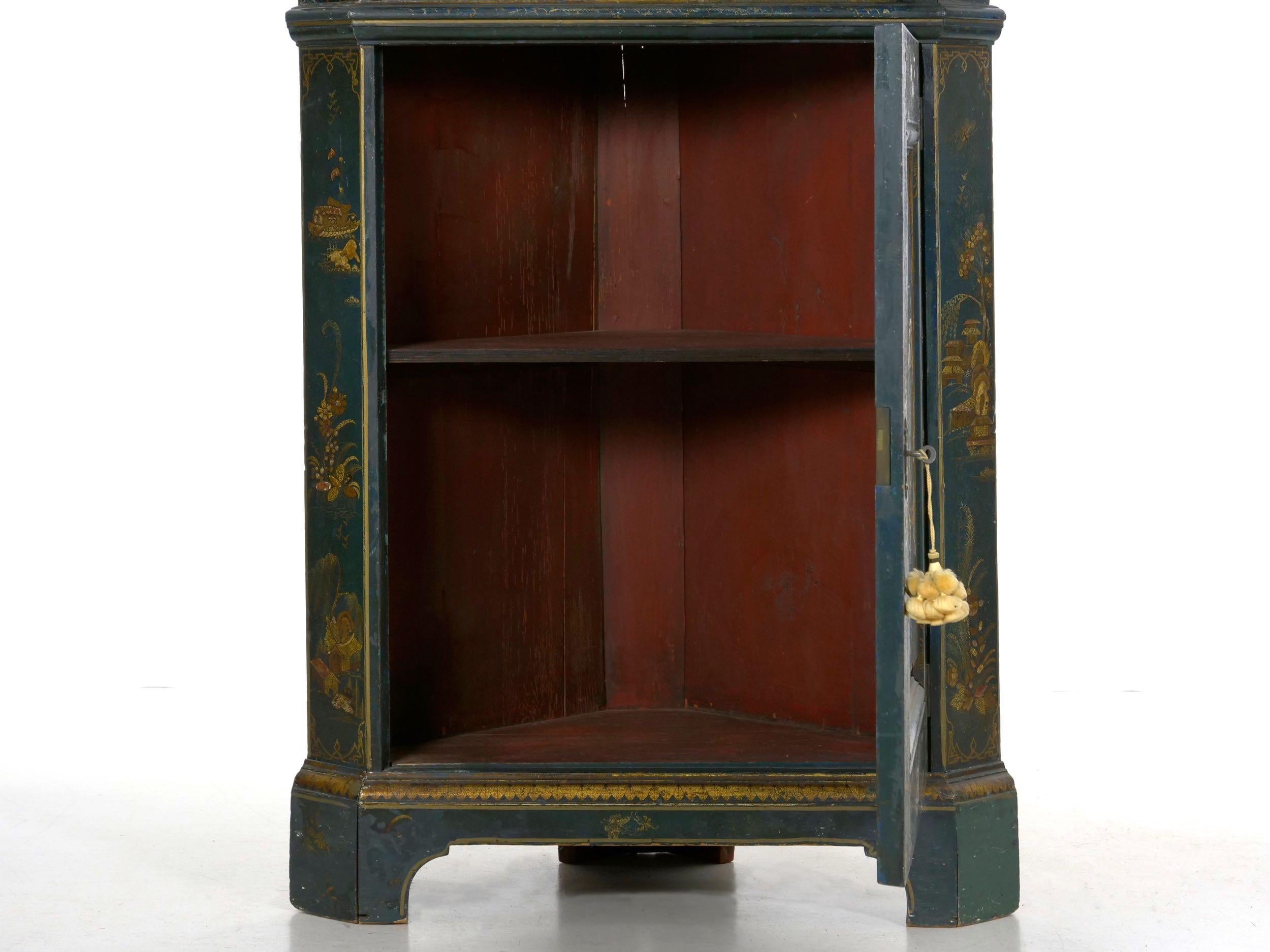 English George III Chippendale Blue Painted Chinoiserie Corner Cabinet Cupboard 1