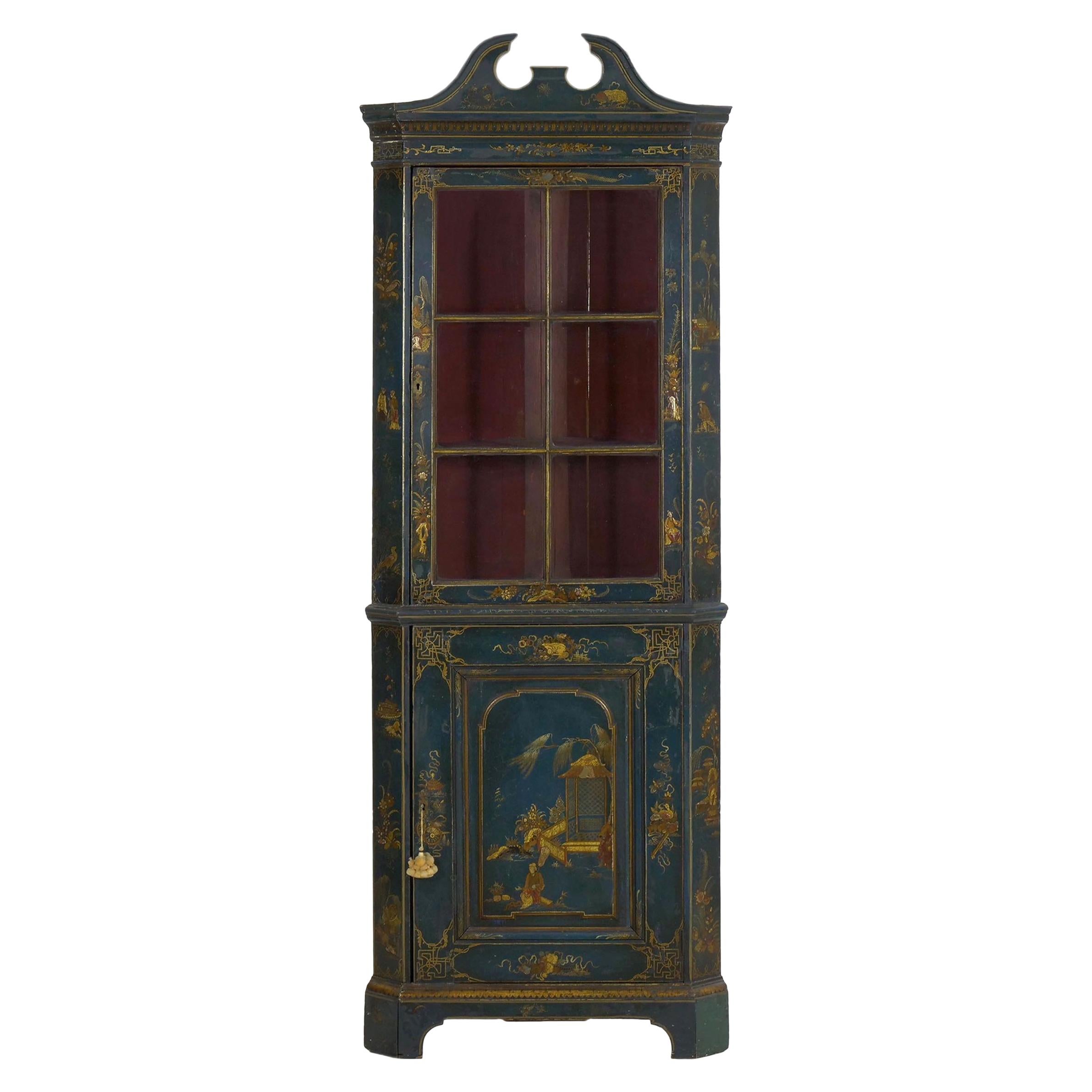 English George III Chippendale Blue Painted Chinoiserie Corner Cabinet Cupboard