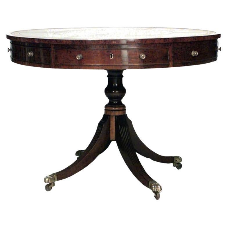 English George III Mahogany Drum Table, Green Leather Top, 1800, UK