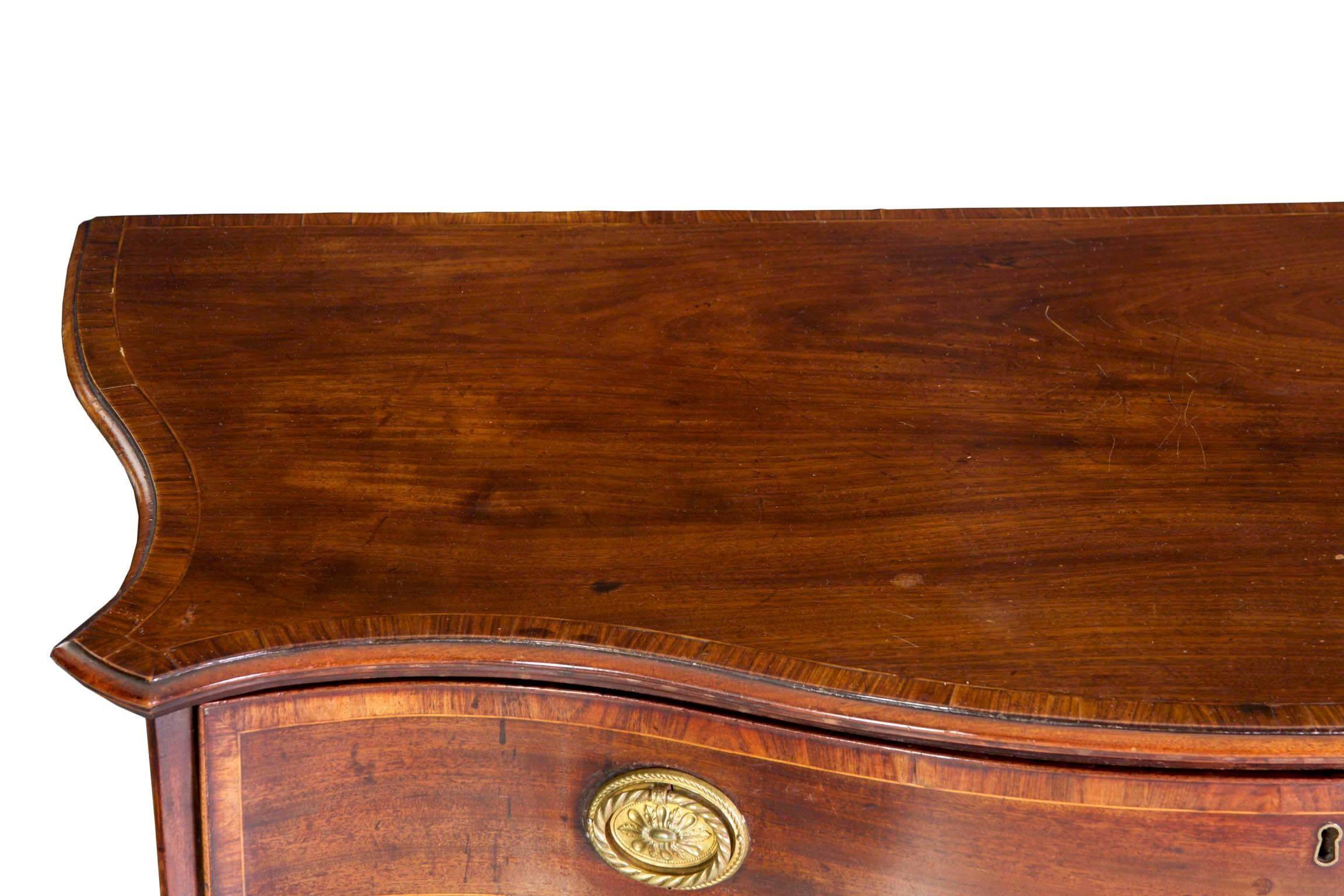 Brass English George III Inlaid Mahogany Serpentine Secretary Chest of Drawers