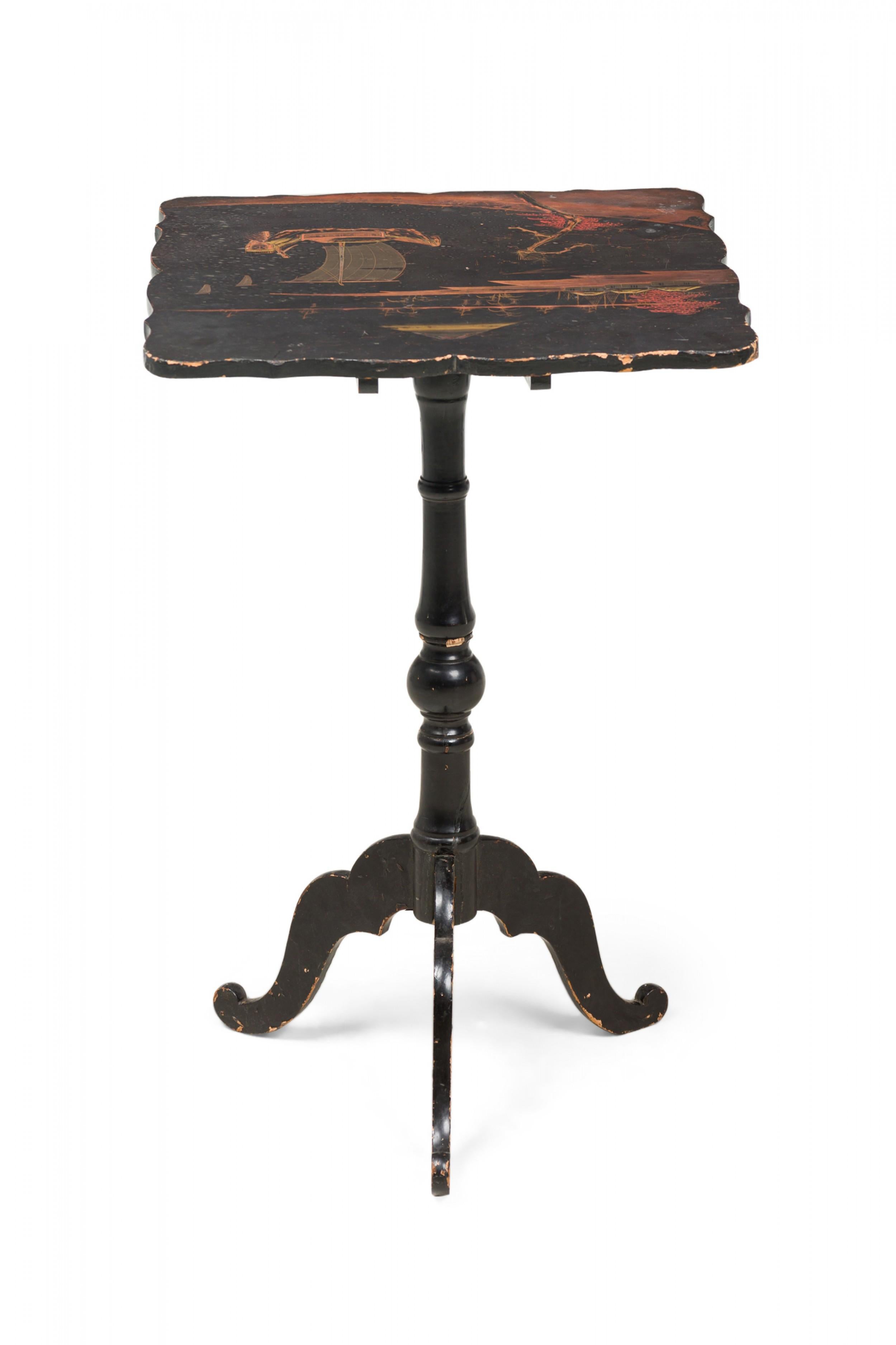 English George III Japanned Pastoral Scene Tilt Top End / Side Table In Good Condition For Sale In New York, NY