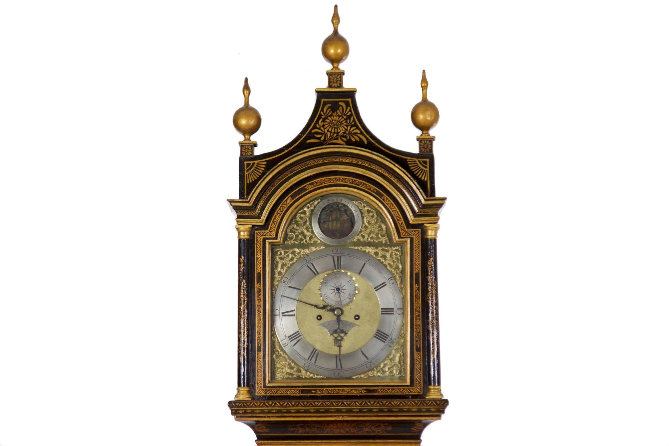 A very fine George III period black lacquer japanned longcase clock with a movement by Daniel Keele of Salisbury, it is a very fine presentation piece. The pagoda top is crested by three swollen bulb gilded finials, the domed door of the hood