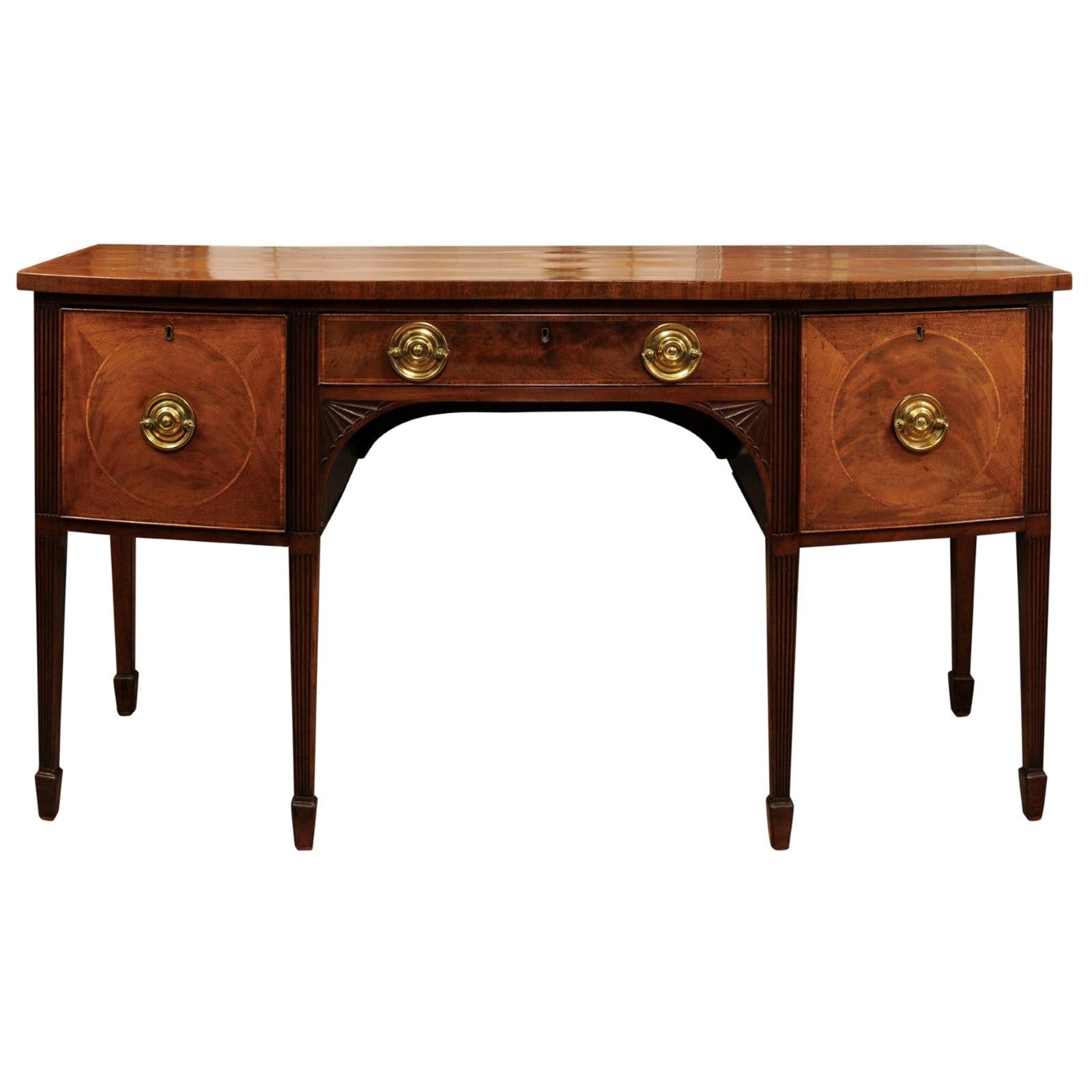 English George III Mahogany Bow-Front Inlaid Sideboard, Early 19th Century