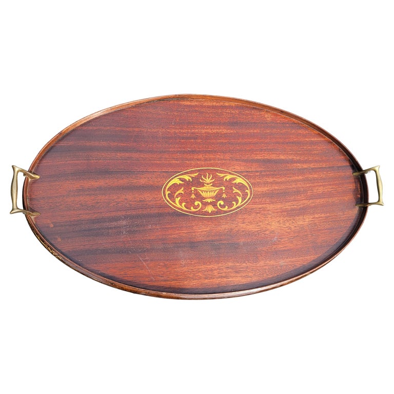 English III Mahogany Gallery and Inlay Serving Tray with Brass