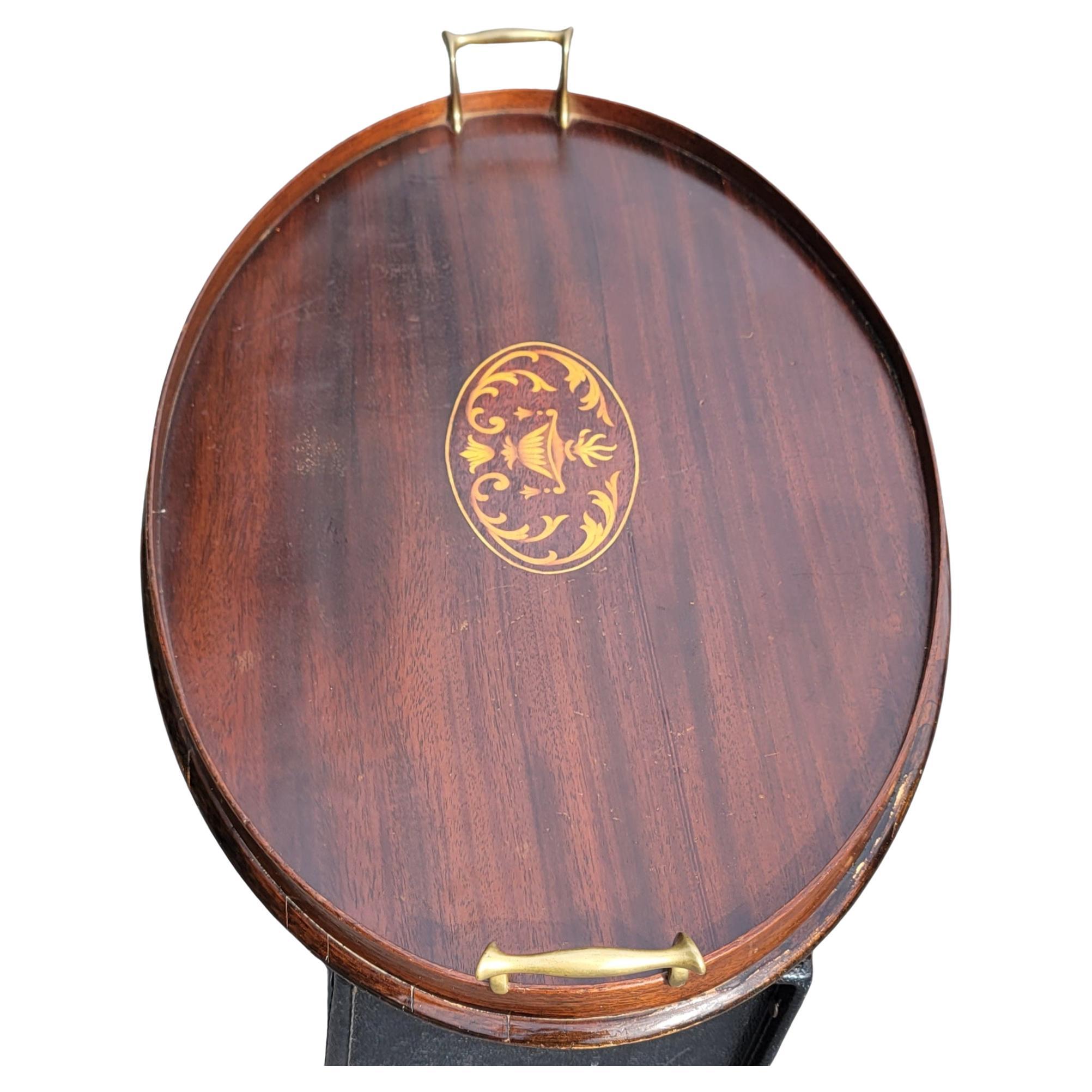20th Century English George III Mahogany Gallery and Inlay Serving Tray with Brass Handles For Sale