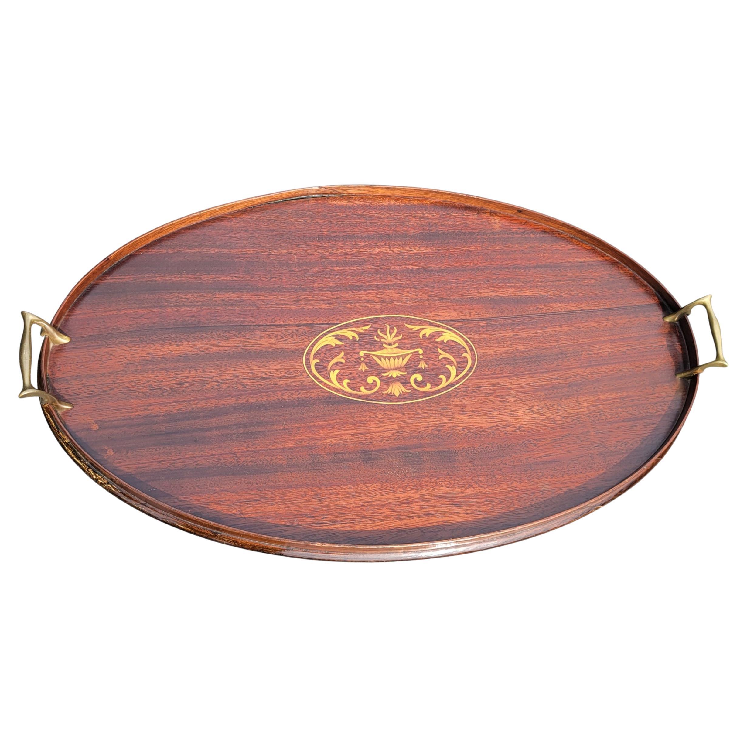 English George III Mahogany Gallery and Inlay Serving Tray with Brass Handles For Sale 1