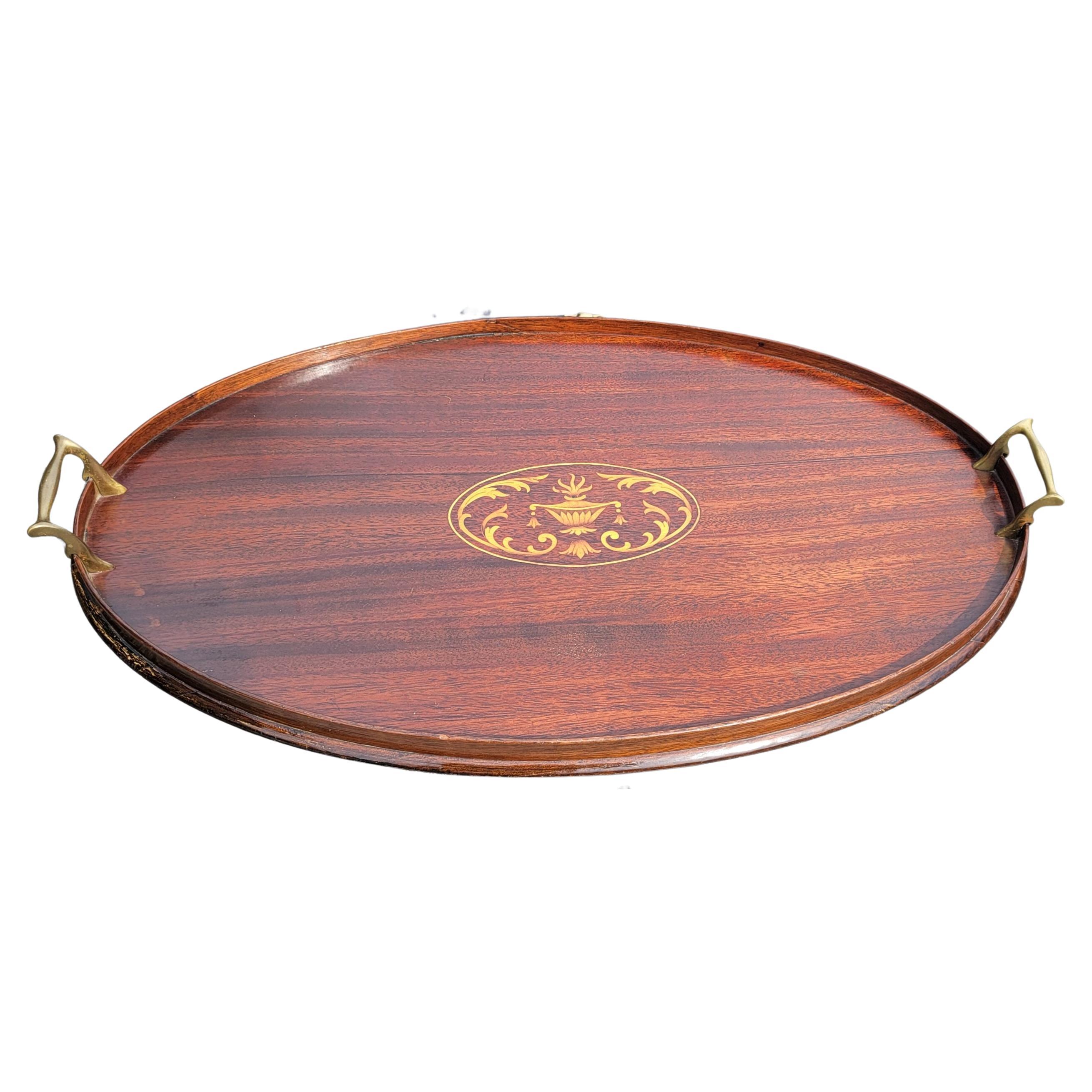 English George III Mahogany Gallery and Inlay Serving Tray with Brass Handles For Sale