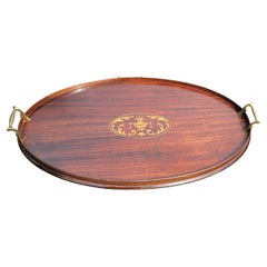 English George III Mahogany Gallery and Inlay Serving Tray with Brass Handles