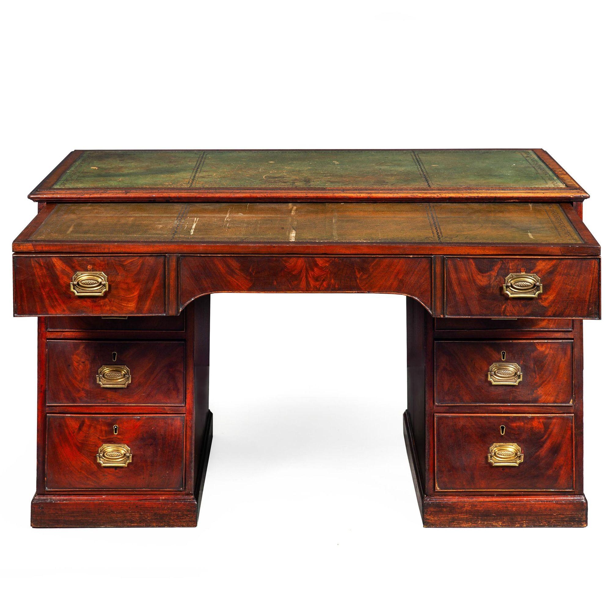 GEORGE III MAHOGANY & TOOLED LEATHER PEDESTAL DESK WITH 