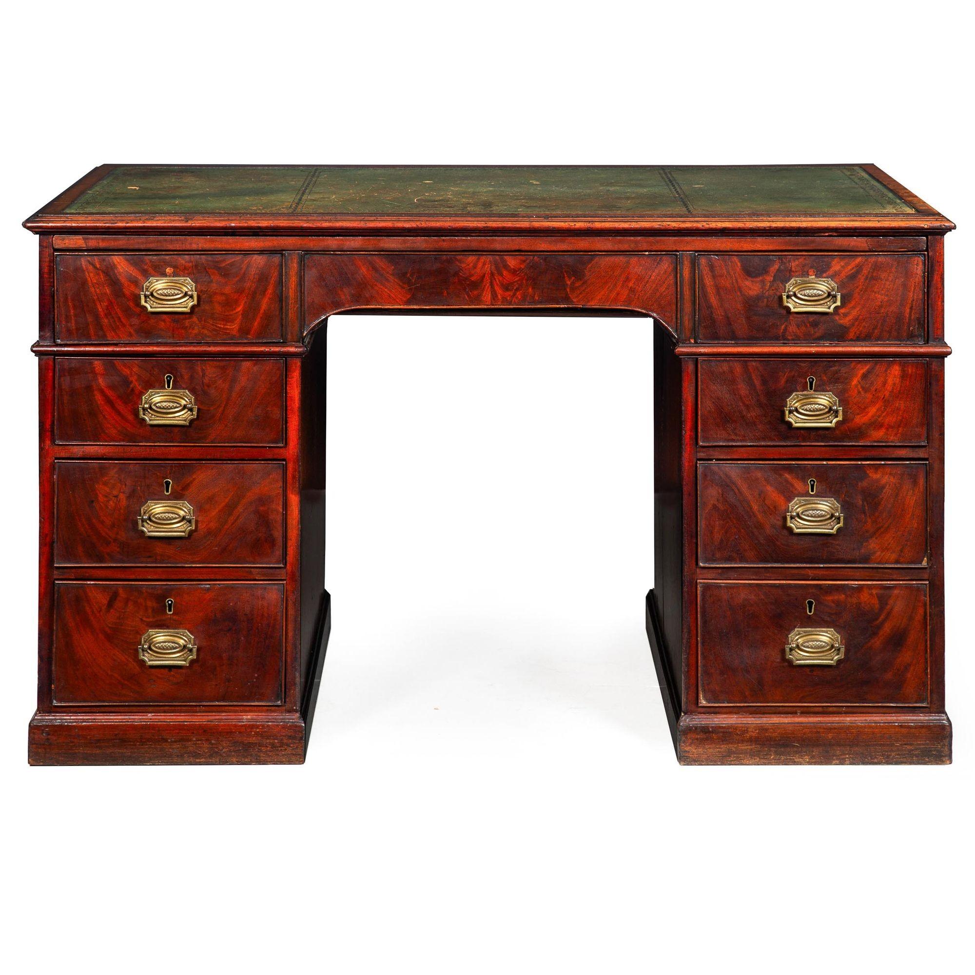 19th Century English George III Mahogany & Leather Pedestal “Rent” Writing Desk ca. 1800 For Sale