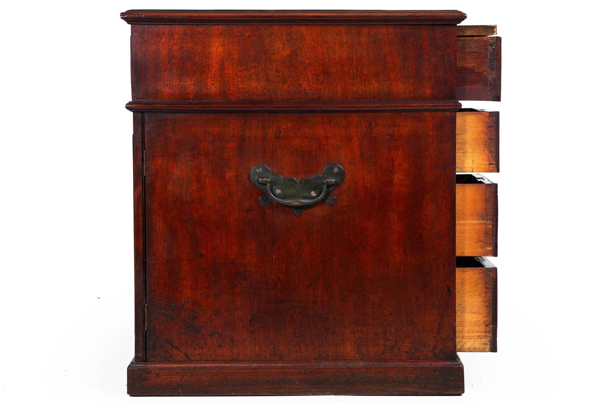 Brass English George III Mahogany & Leather Pedestal “Rent” Writing Desk ca. 1800 For Sale