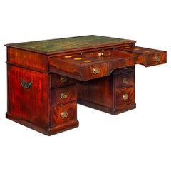 Vintage English George III Mahogany & Leather Pedestal “Rent” Writing Desk ca. 1800