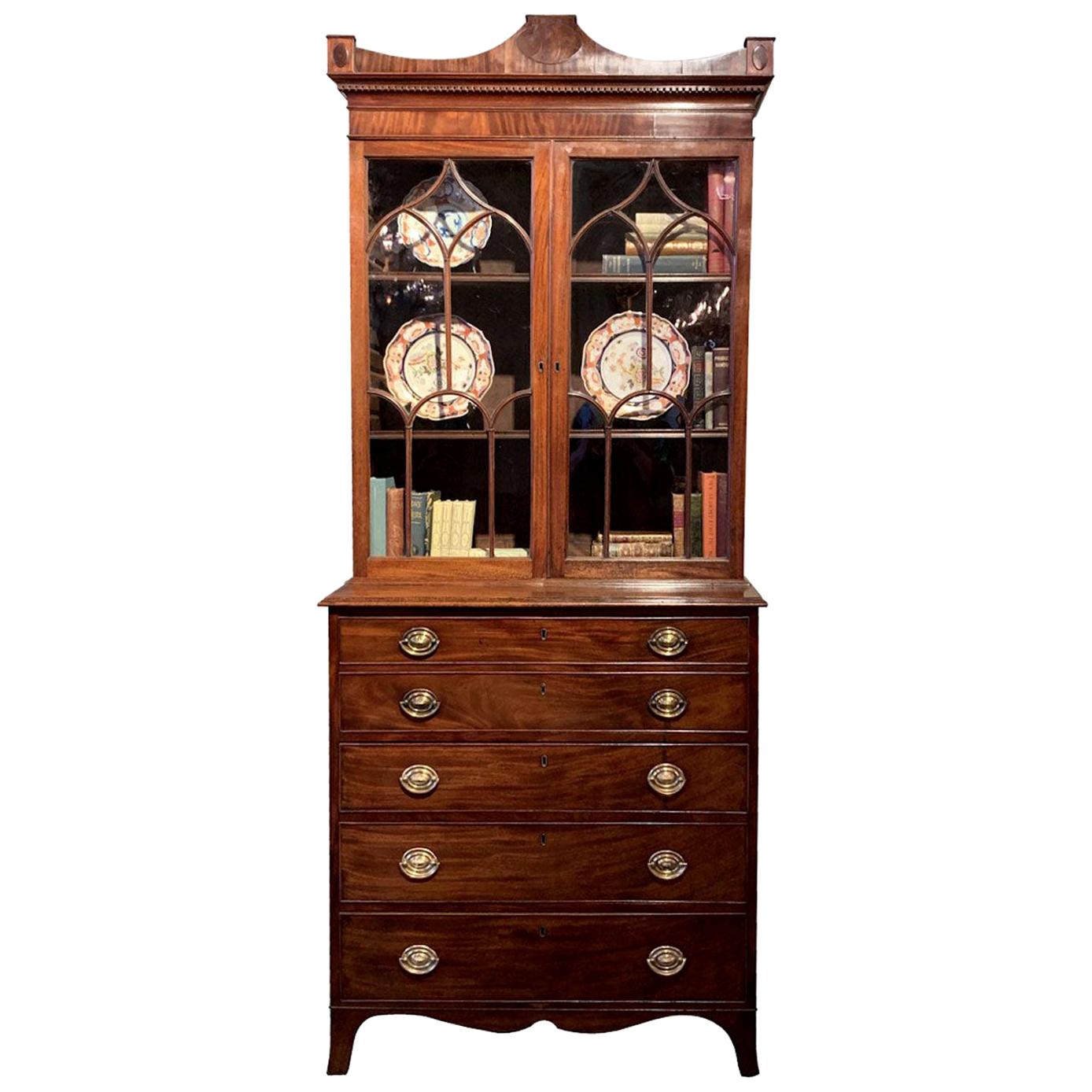 English George III Mahogany Secretary Bookcase with Original Brasses, circa 1790 For Sale