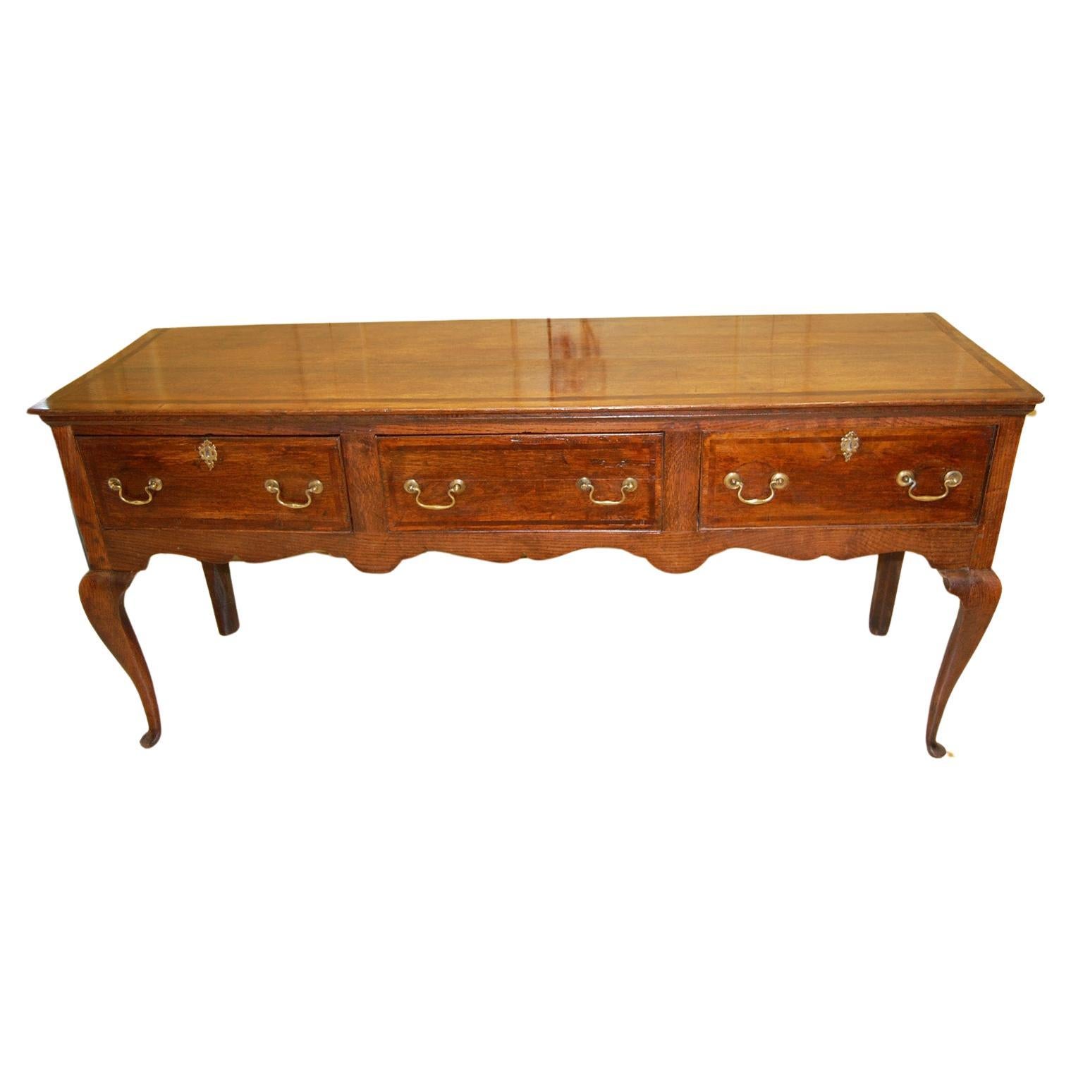 English George III Oak Low Dresser with Cabriole Legs, Three Drawers For Sale