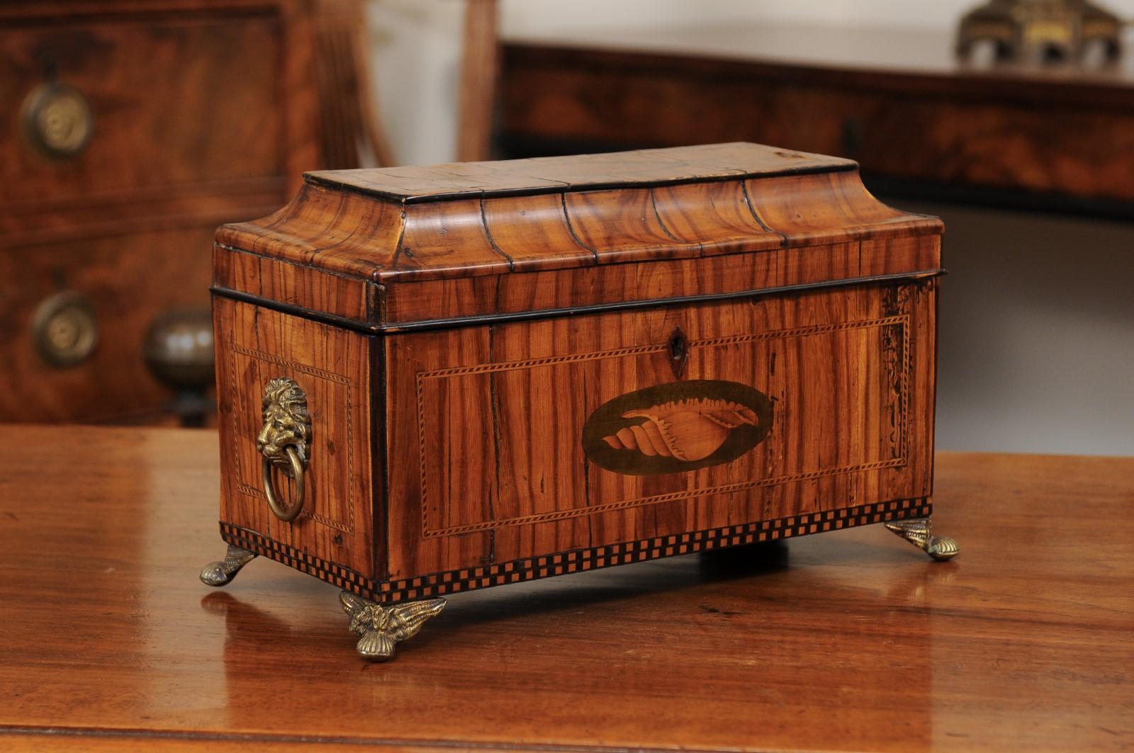 An early 19th century George III olive wood letter box featuring shell and parquetry inlay, lion head pulls on sides ending in brass feet.