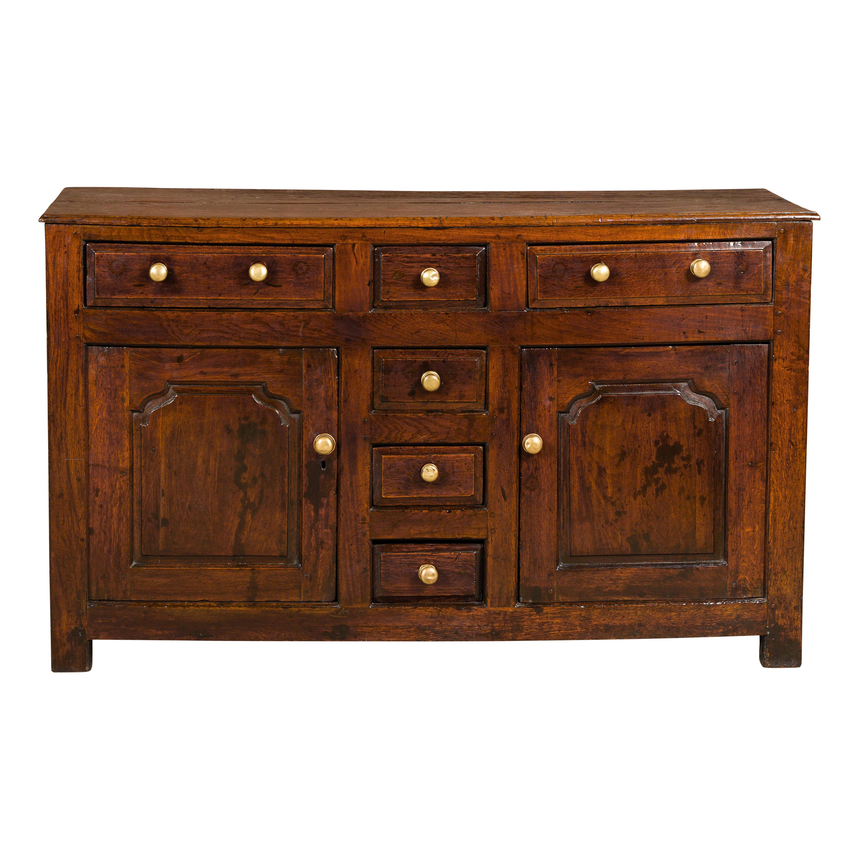 English George III Period 1800s Oak Buffet with Six Drawers and Two Doors