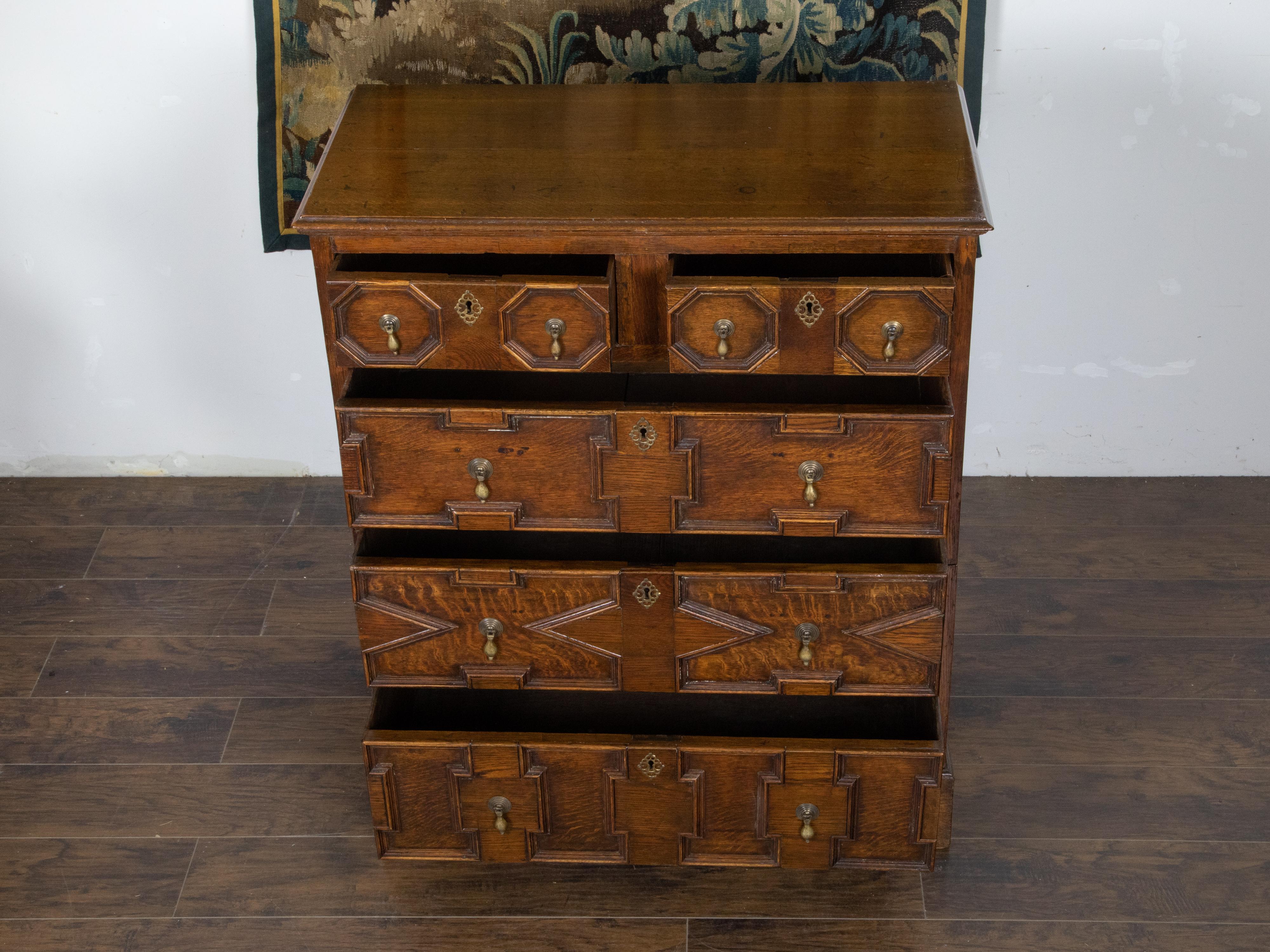 English George III Period 1800s Oak Two Part Geometric Front Five Drawer Chest For Sale 4