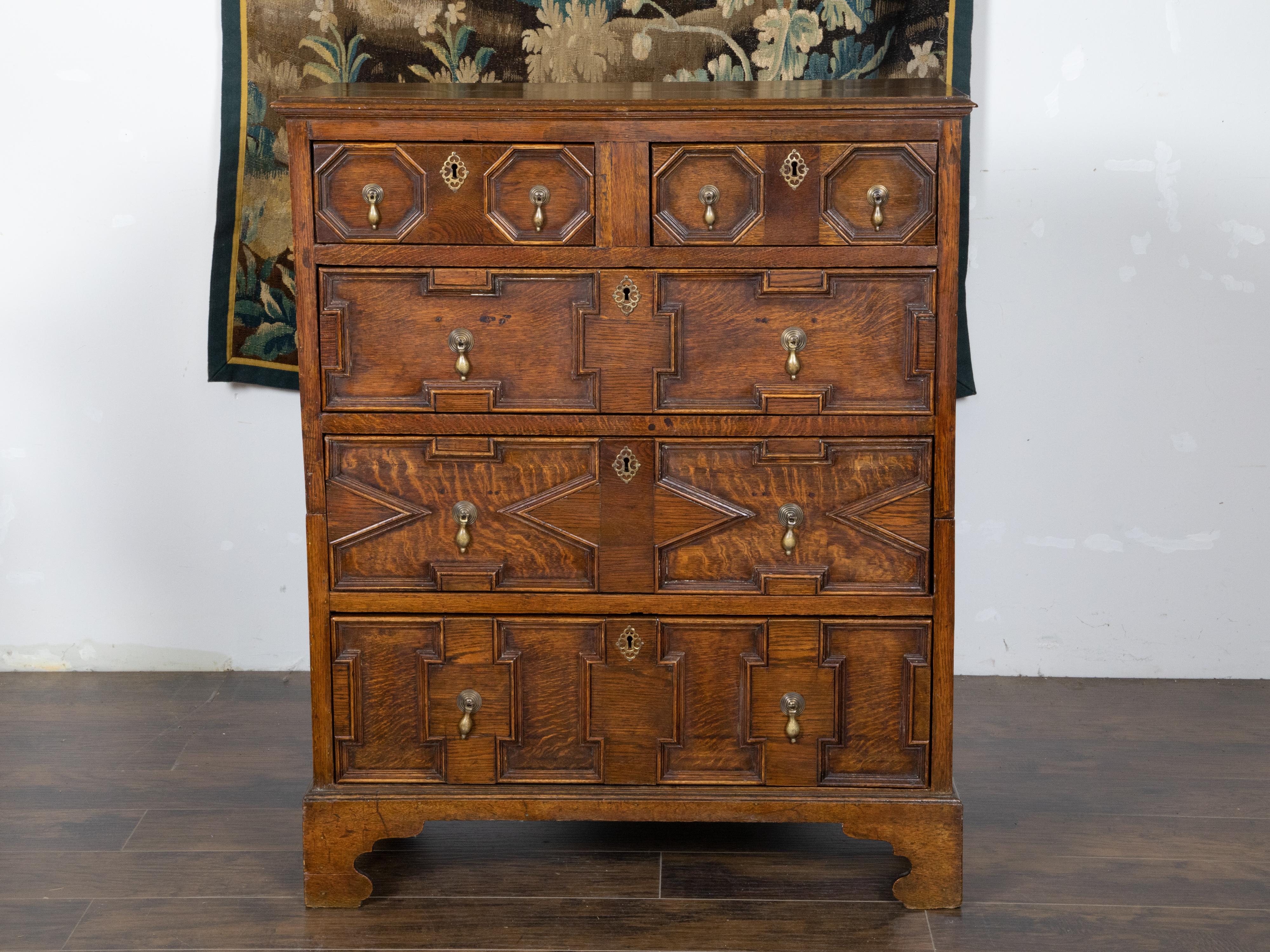 Carved English George III Period 1800s Oak Two Part Geometric Front Five Drawer Chest For Sale