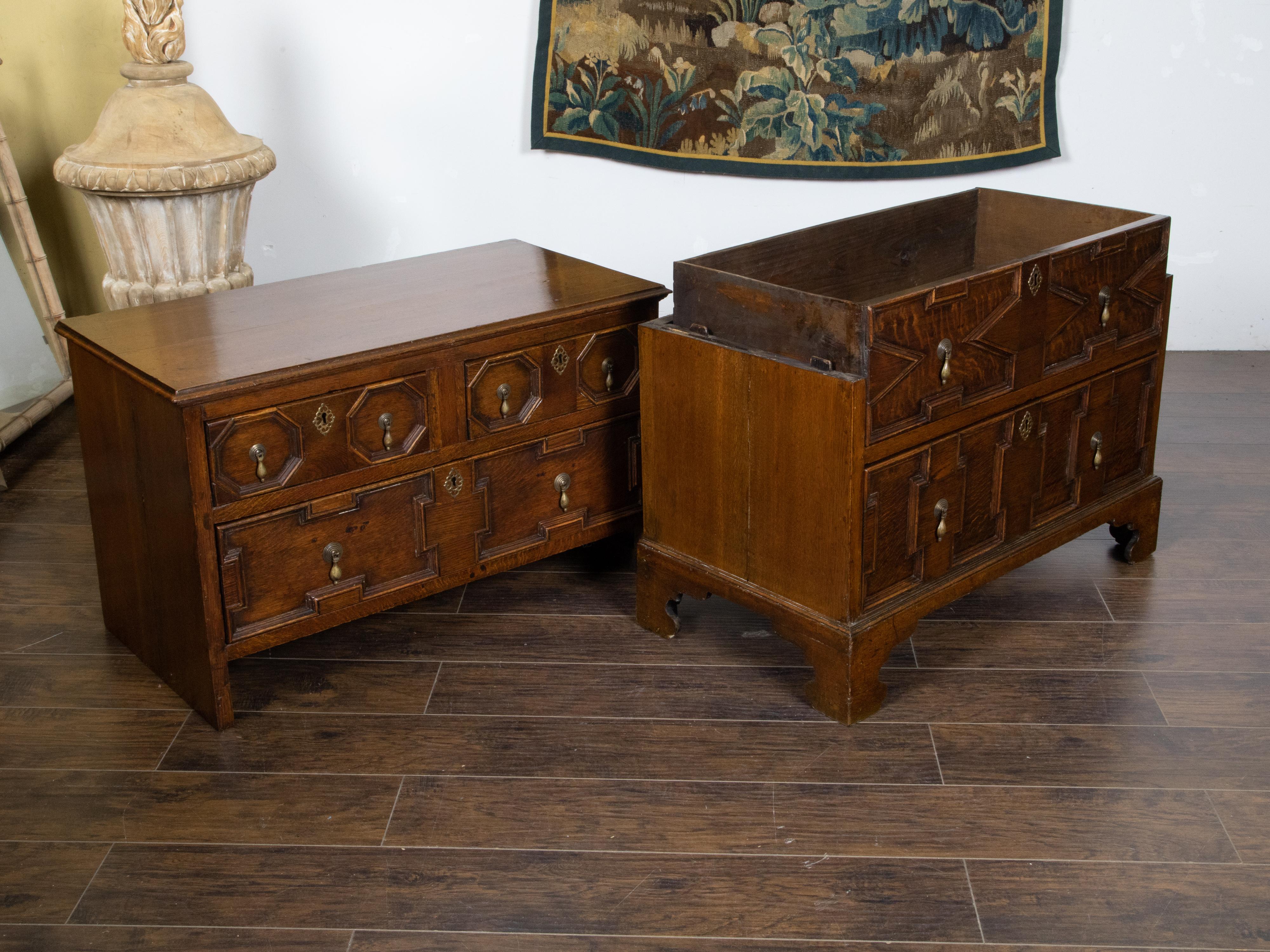 English George III Period 1800s Oak Two Part Geometric Front Five Drawer Chest In Good Condition For Sale In Atlanta, GA