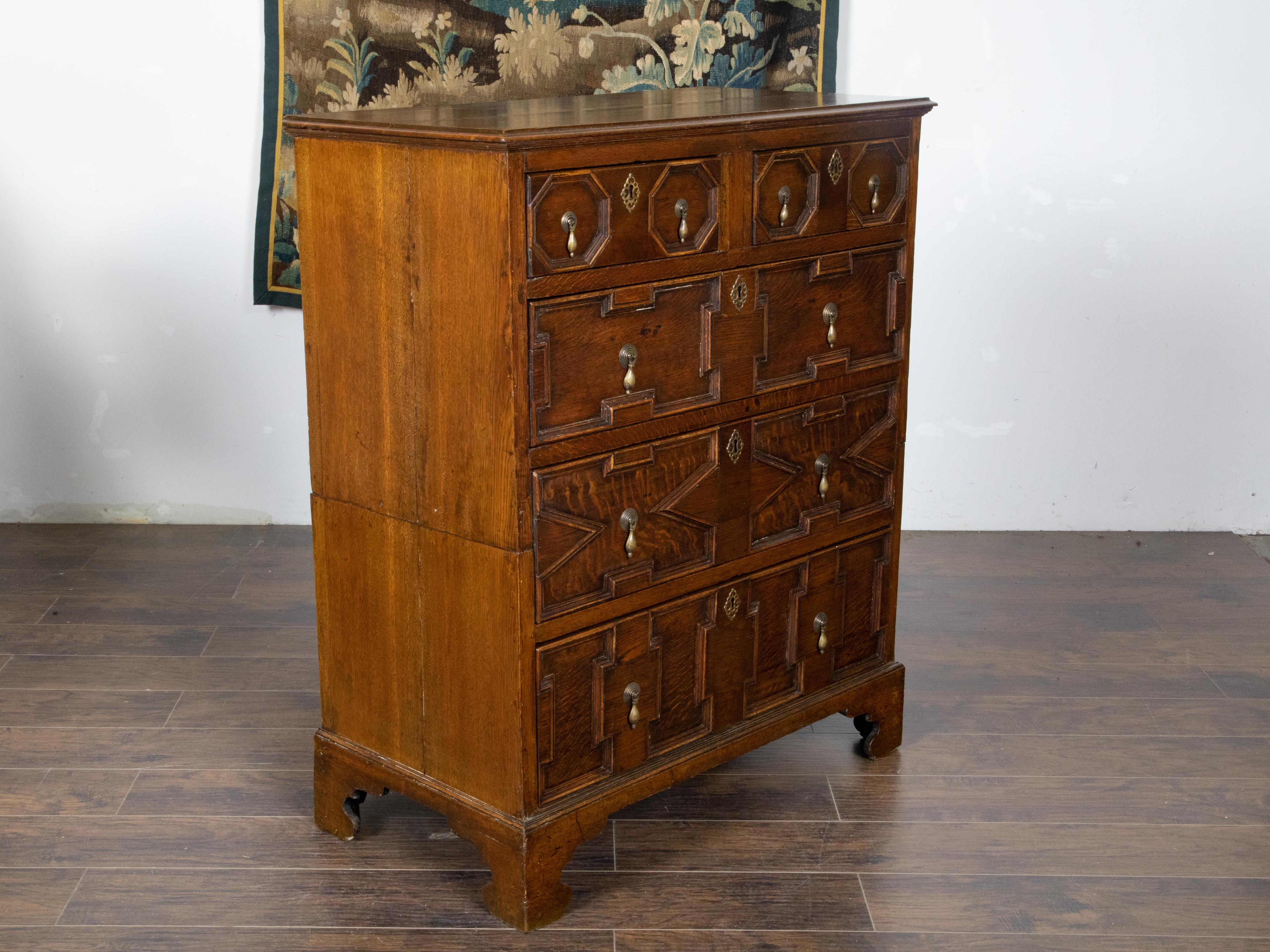 19th Century English George III Period 1800s Oak Two Part Geometric Front Five Drawer Chest For Sale