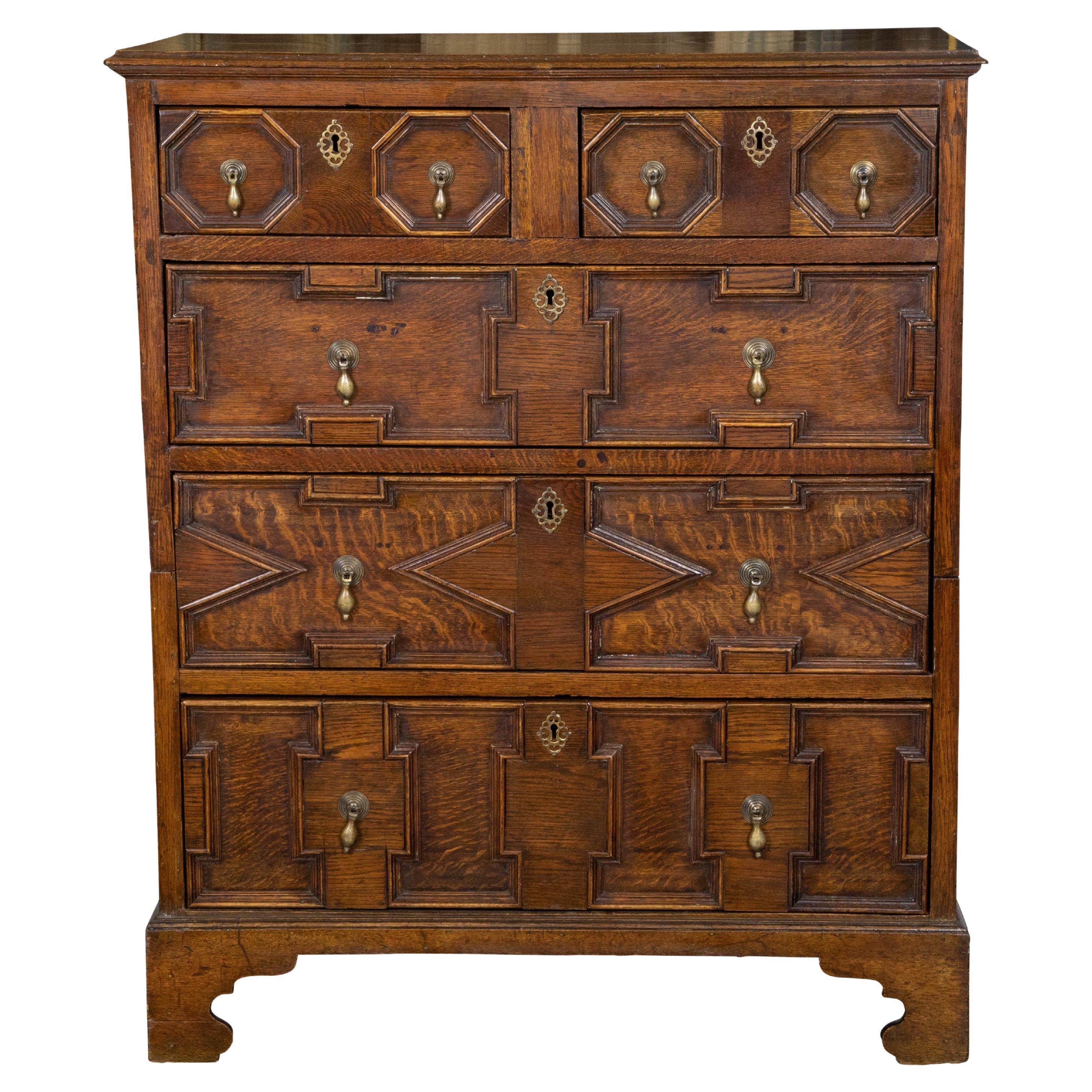 English George III Period 1800s Oak Two Part Geometric Front Five Drawer Chest For Sale