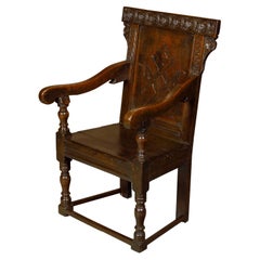 Antique English George III Period Early 18th Century Oak Armchair with Carved Back