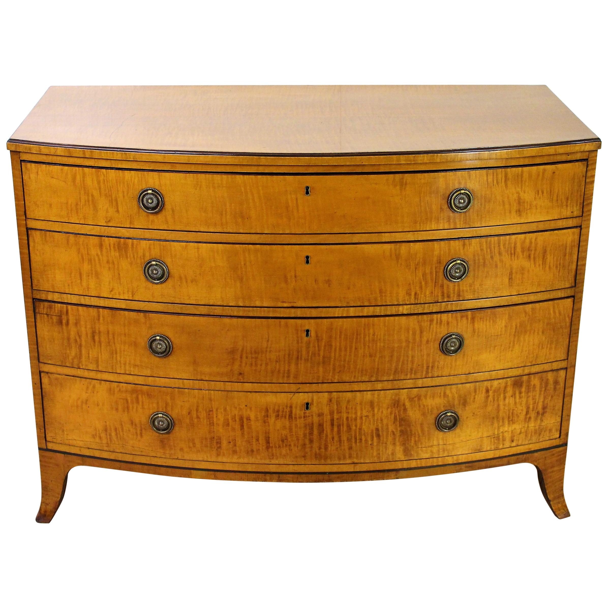 English George III Satinwood Bow Fronted Chest Commode, circa 1790