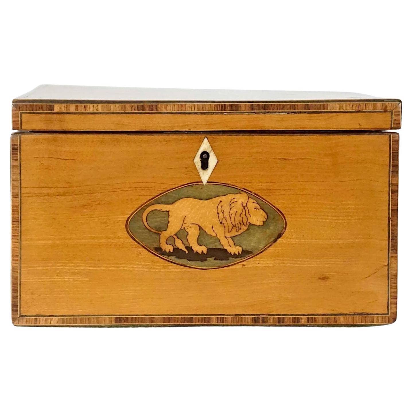 English George III Satinwood Inlaid 'Aesop's Fables' Tea Caddy, circa 1800