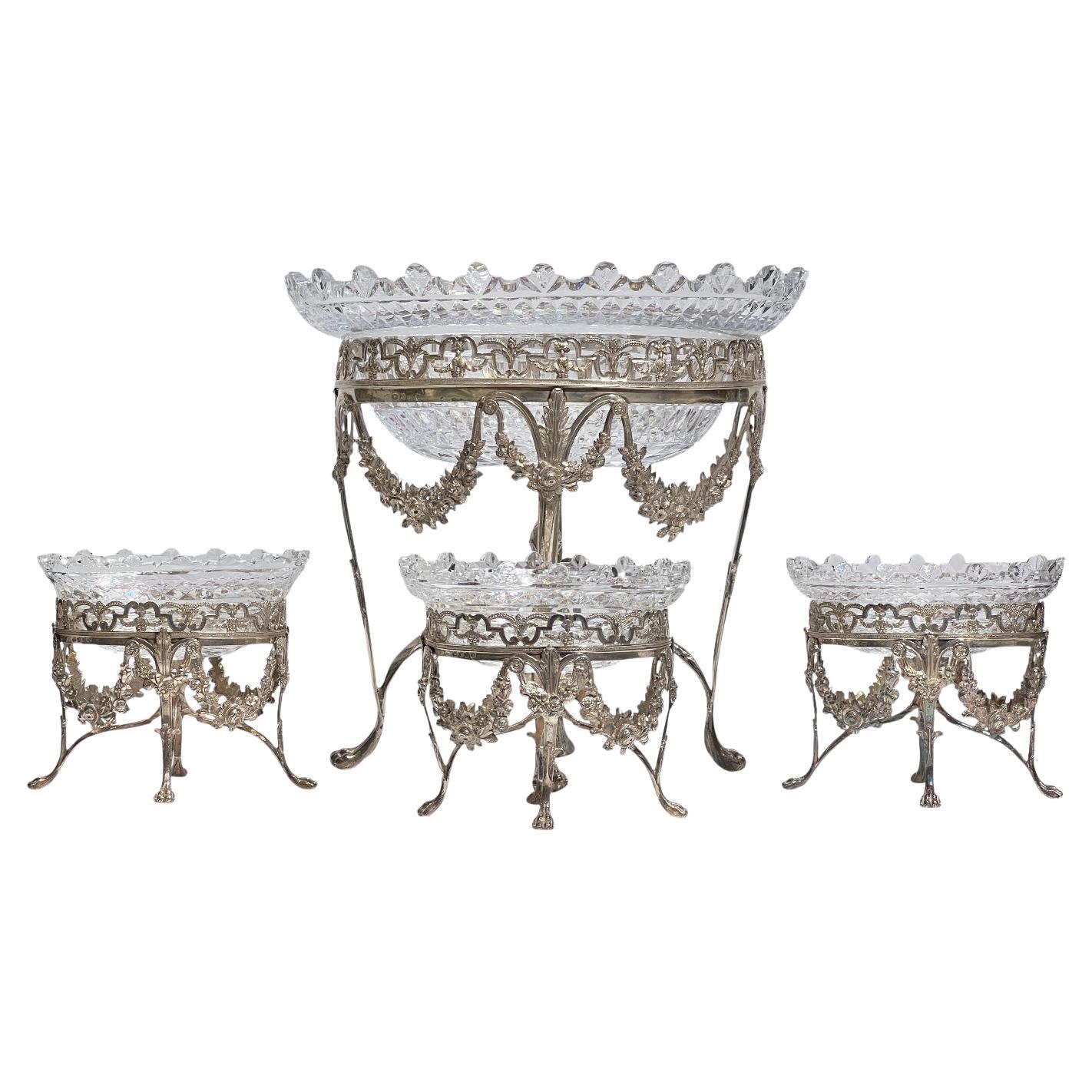 English George III Sterling Silver and Cut Glass Epergne 4-Piece Set For Sale