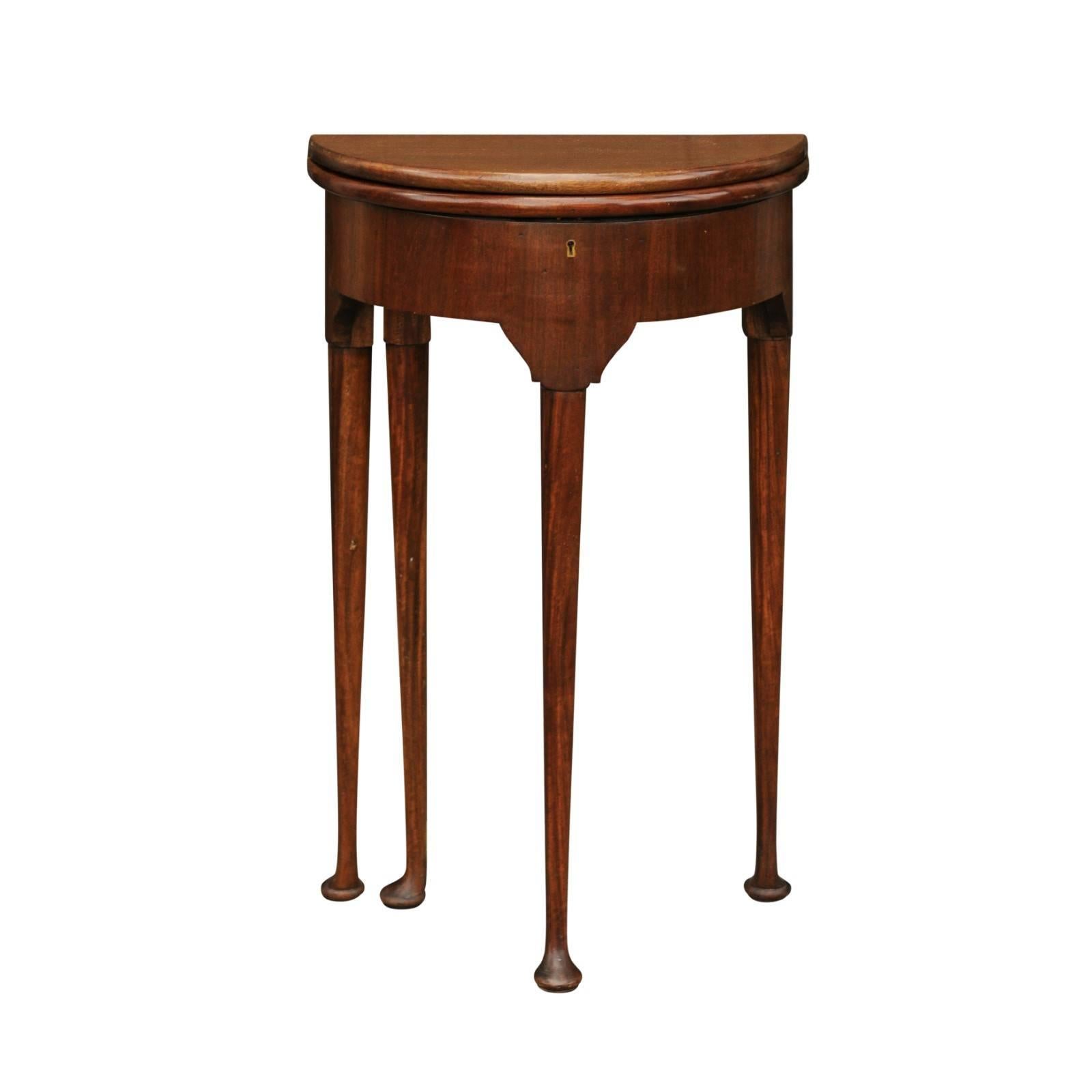 English George III Style 1850s Petite Mahogany Demilune Table with Lift Top