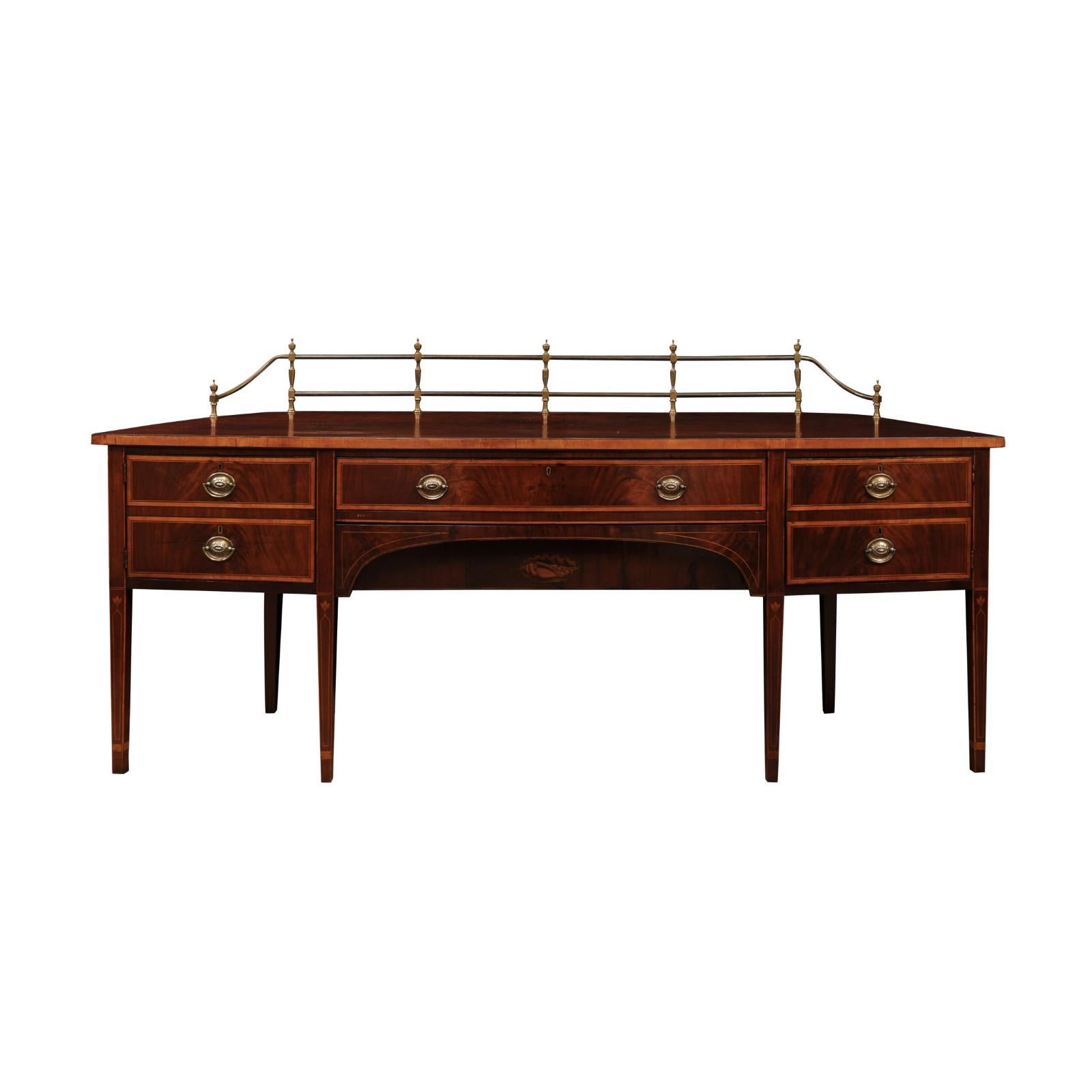 English George III Style 19th Century Sideboard in Mahogany with Brass Rail, shaped Sides and Shell Inlay