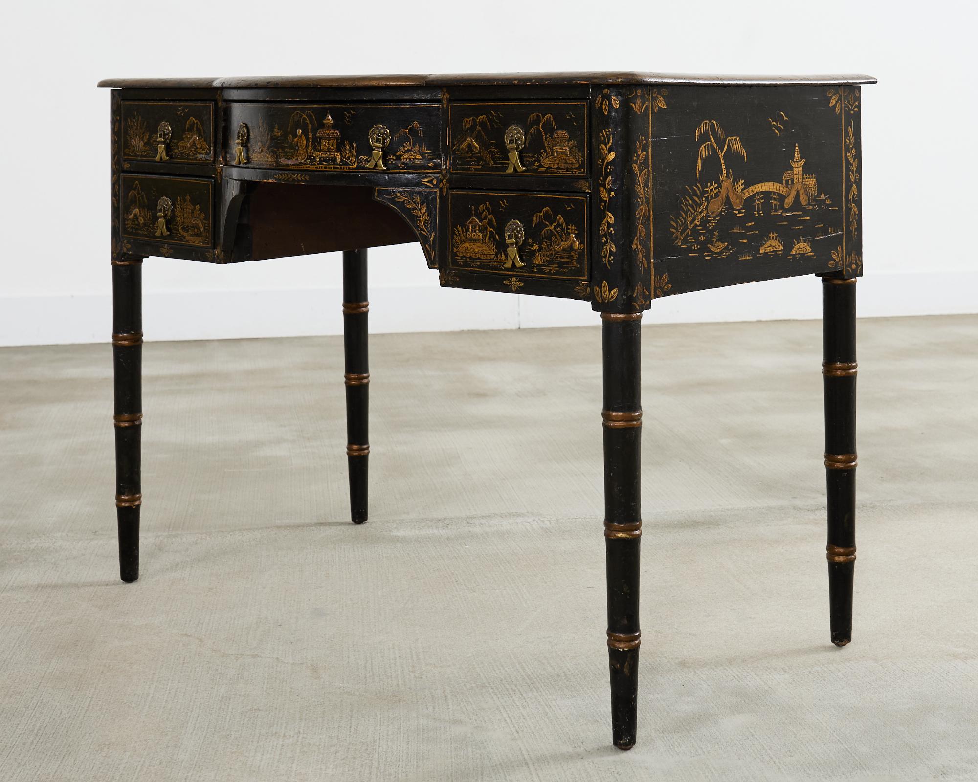 Hand-Crafted English George III Style Chinoiserie Decorated Faux Bamboo Desk