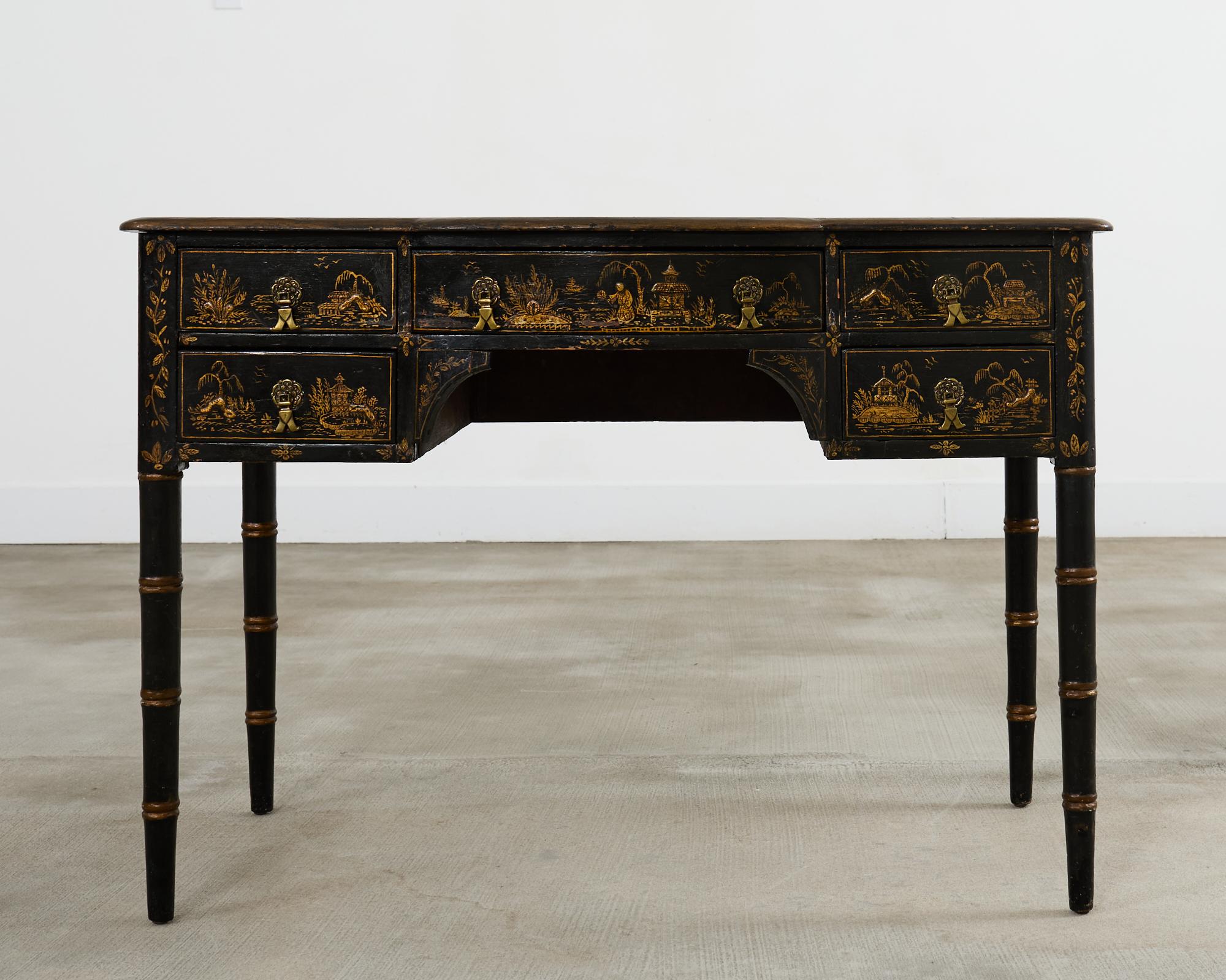 English George III Style Chinoiserie Decorated Faux Bamboo Desk In Distressed Condition In Rio Vista, CA