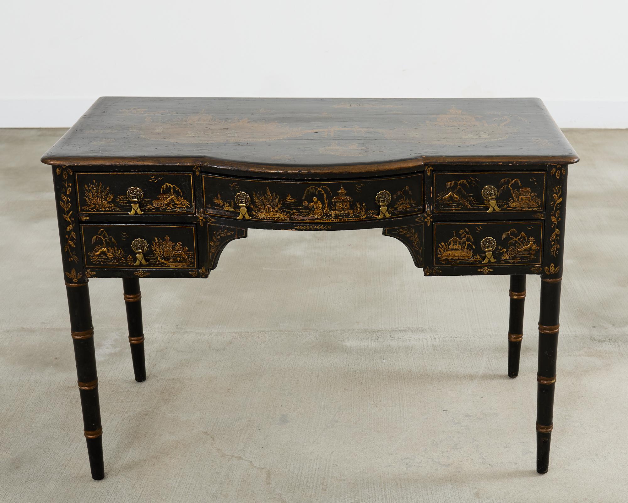 Brass English George III Style Chinoiserie Decorated Faux Bamboo Desk