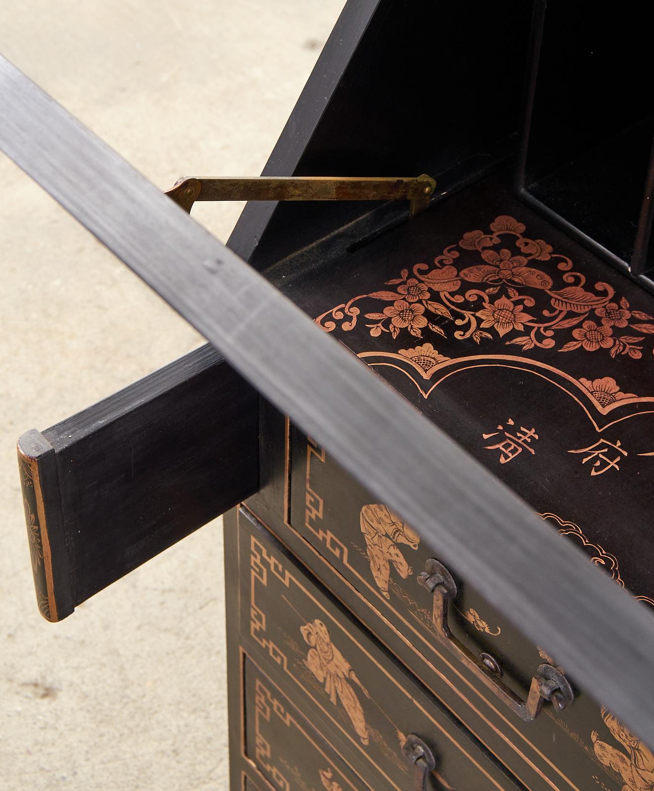 English George III Style Chinoiserie Lacquered Secretaire Bookcase 10