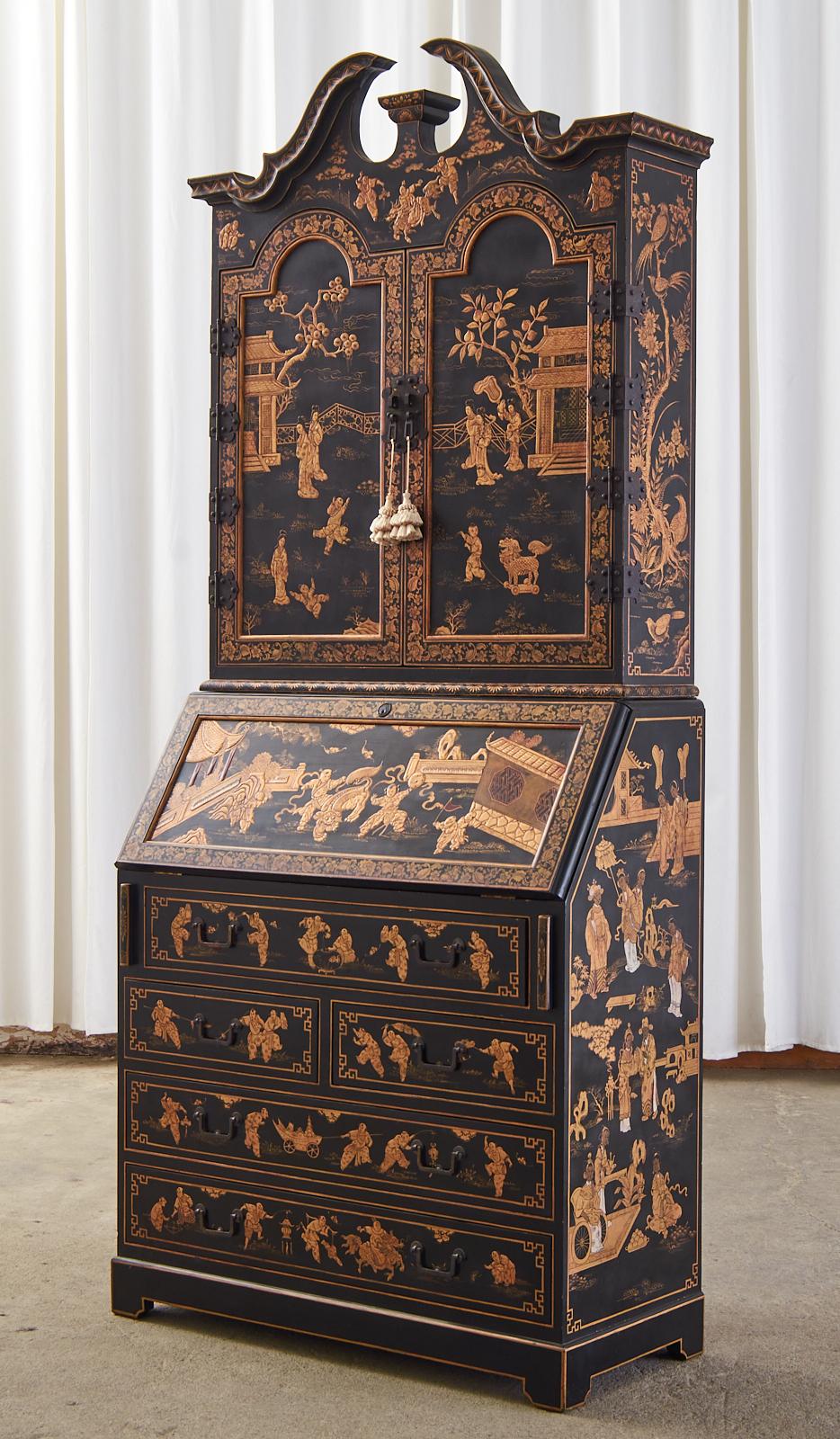 Gilt English George III Style Chinoiserie Lacquered Secretaire Bookcase