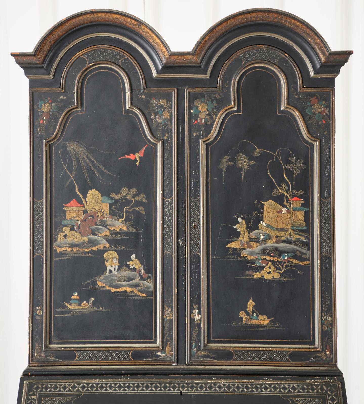 Brass English George III Style Chinoiserie Lacquered Secretary Bookcase