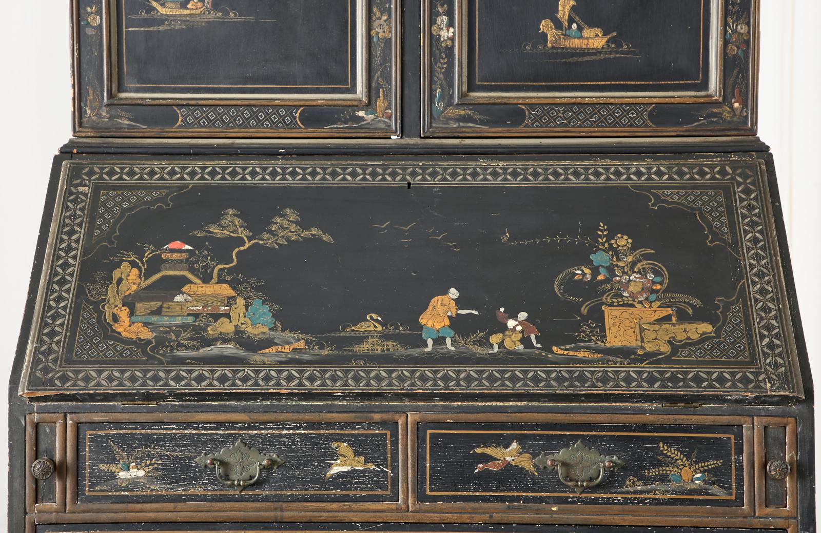 English George III Style Chinoiserie Lacquered Secretary Bookcase 1