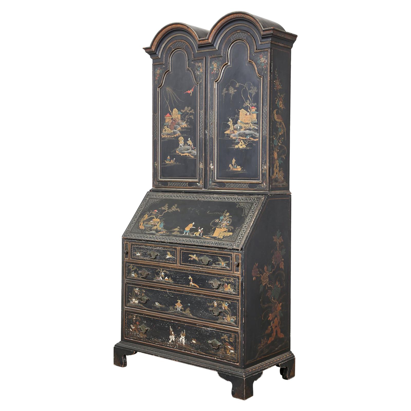 English George III Style Chinoiserie Lacquered Secretary Bookcase