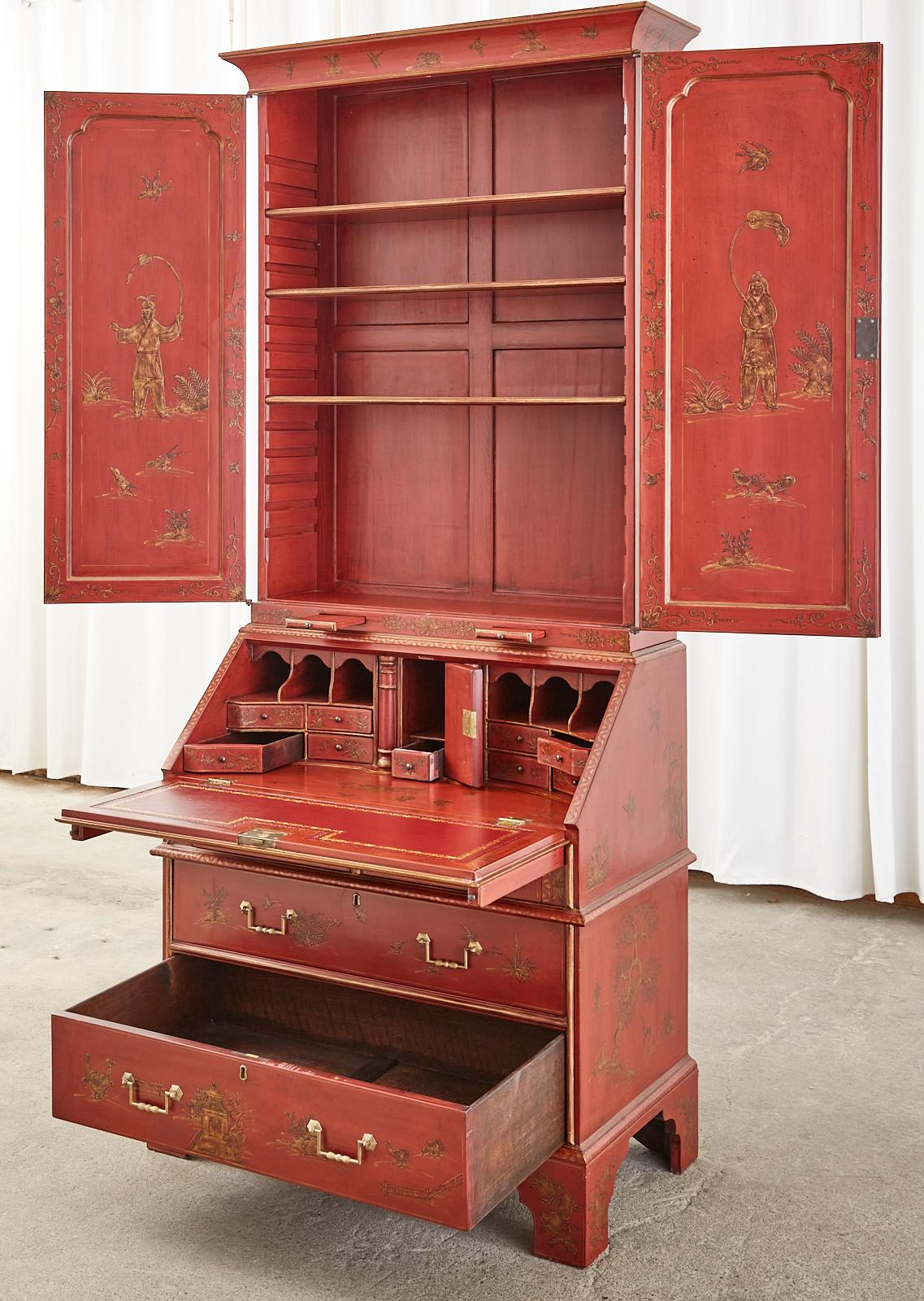 American English George III Style Chinoiserie Lacquered Secretaire Bookcase