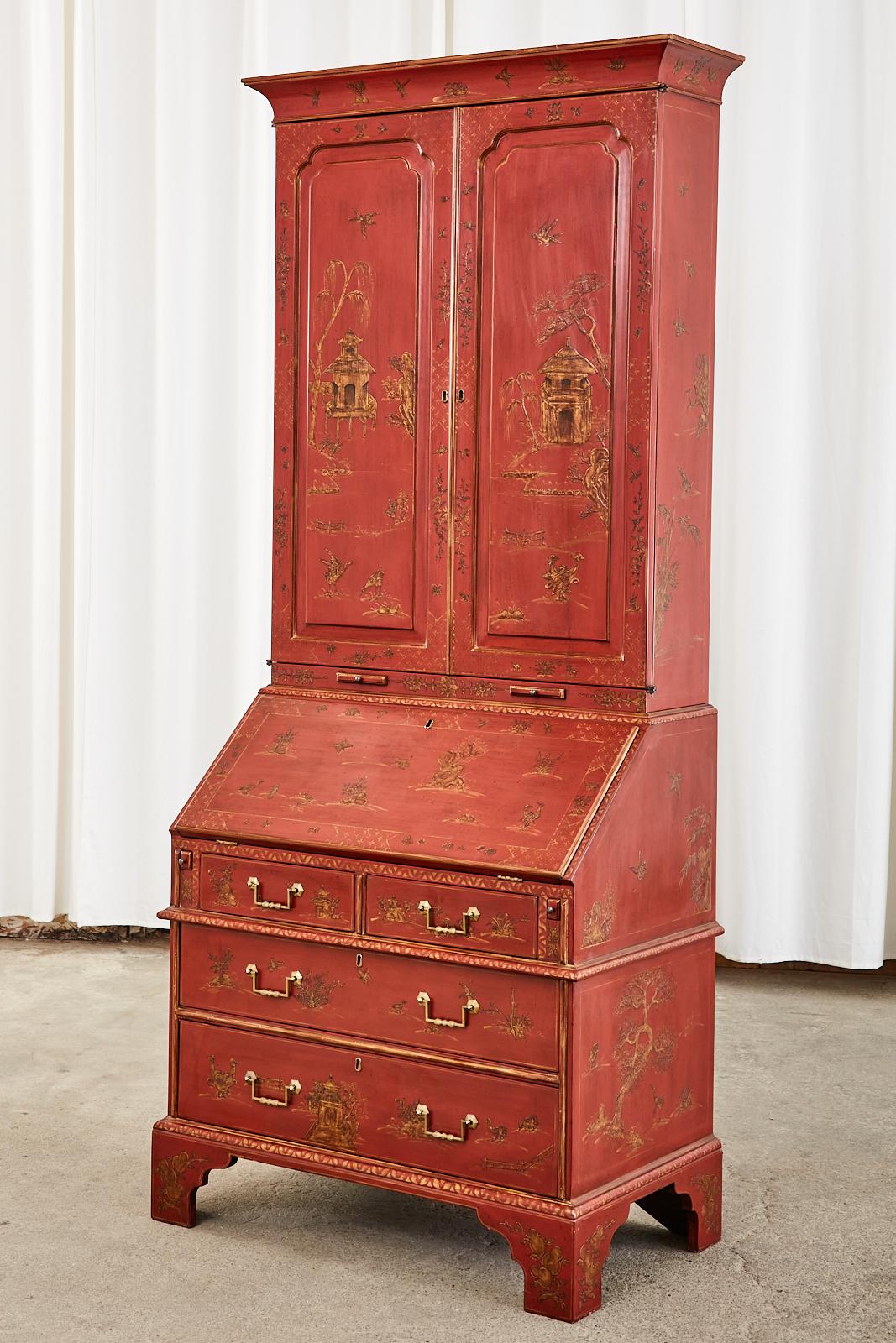 English George III Style Chinoiserie Lacquered Secretaire Bookcase In Good Condition In Rio Vista, CA