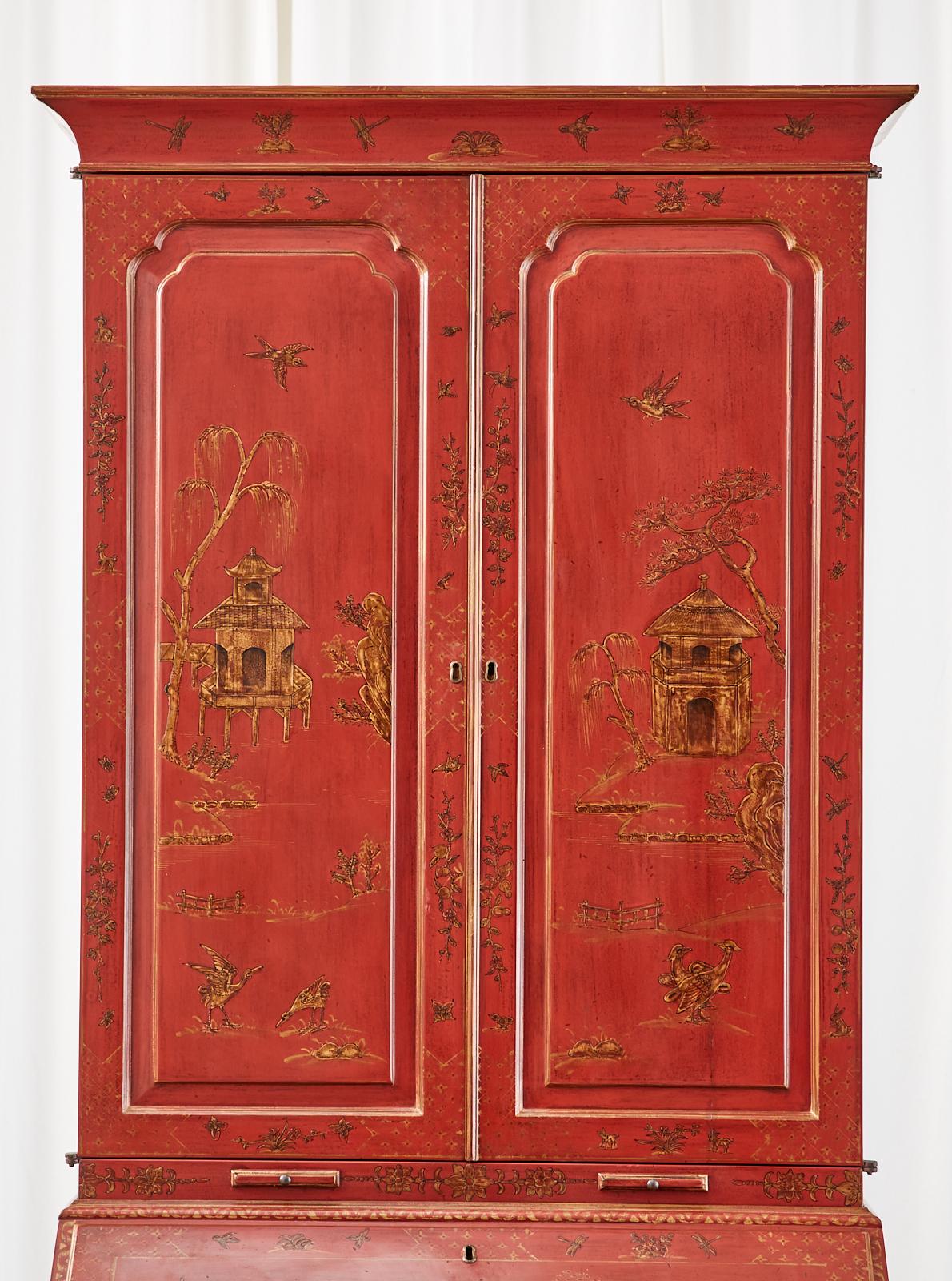 English George III Style Chinoiserie Lacquered Secretaire Bookcase 1