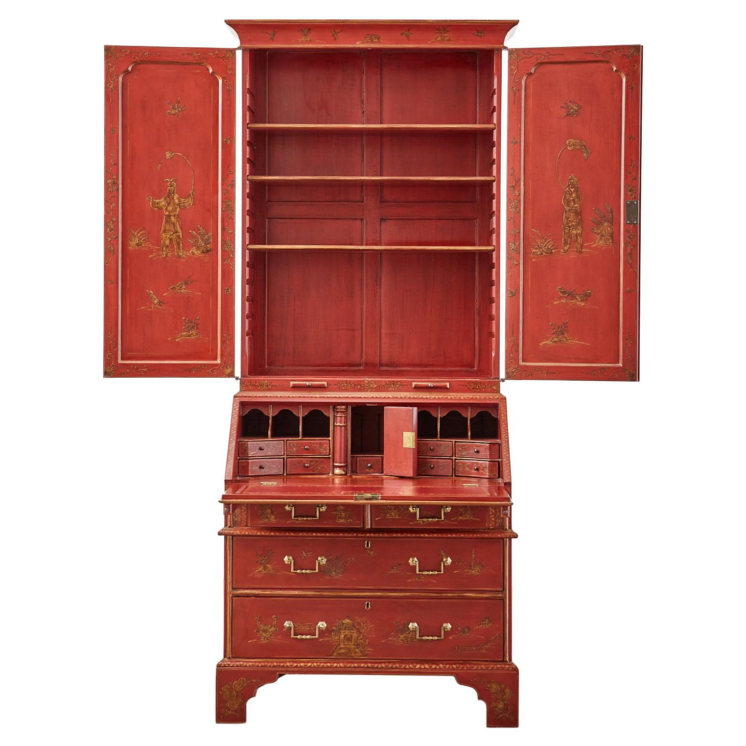 English George III Style Chinoiserie Lacquered Secretaire Bookcase