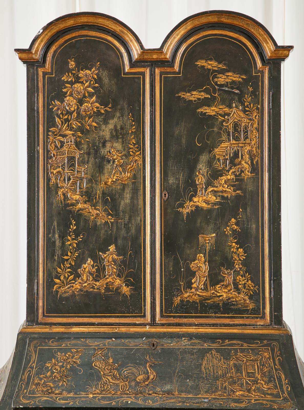 20th Century English George III Style Lacquered Chinoiserie Secretary Bookcase