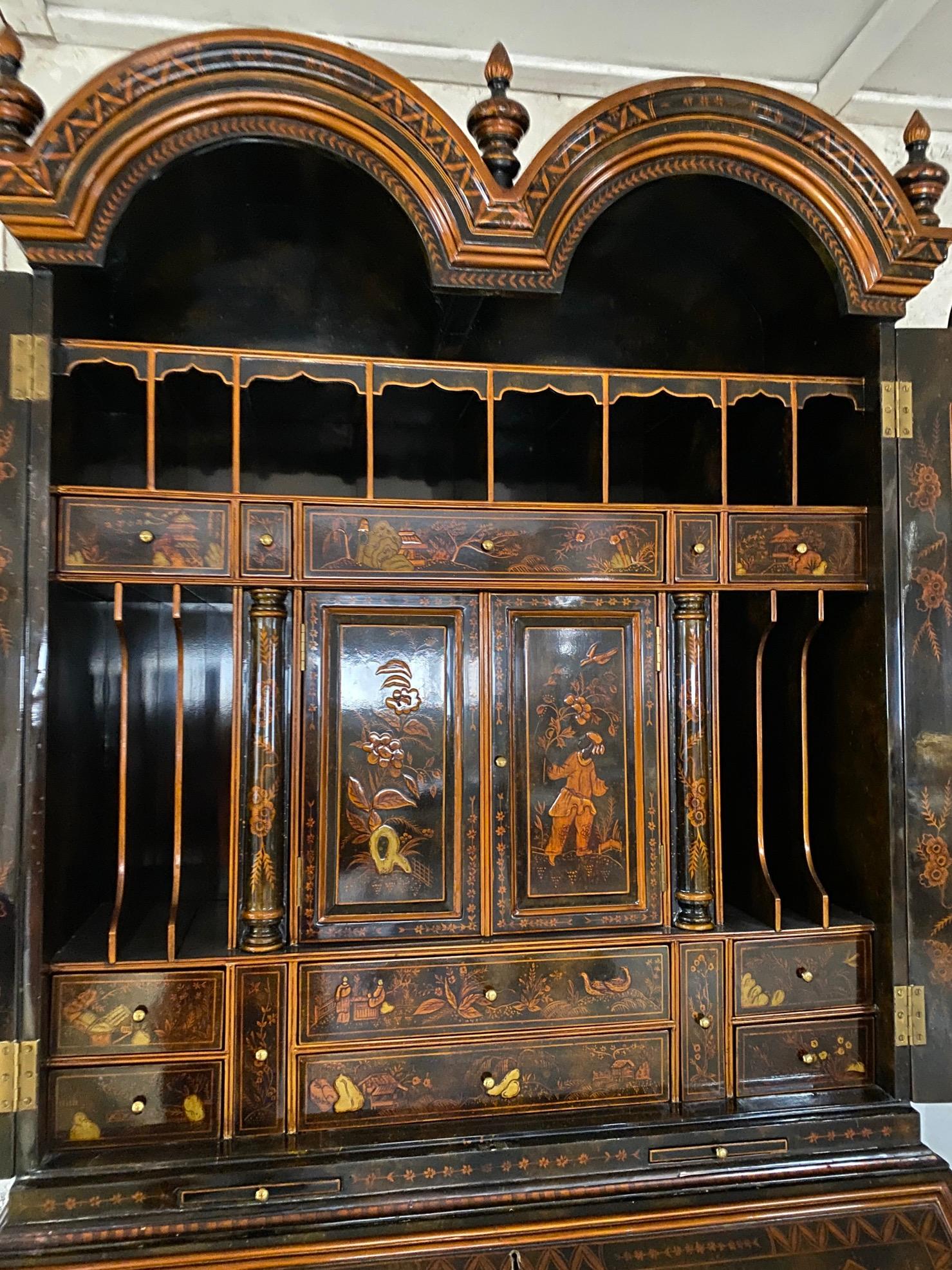 20th Century English George III Style Lacquered Chinoiserie Secretary Bookcase