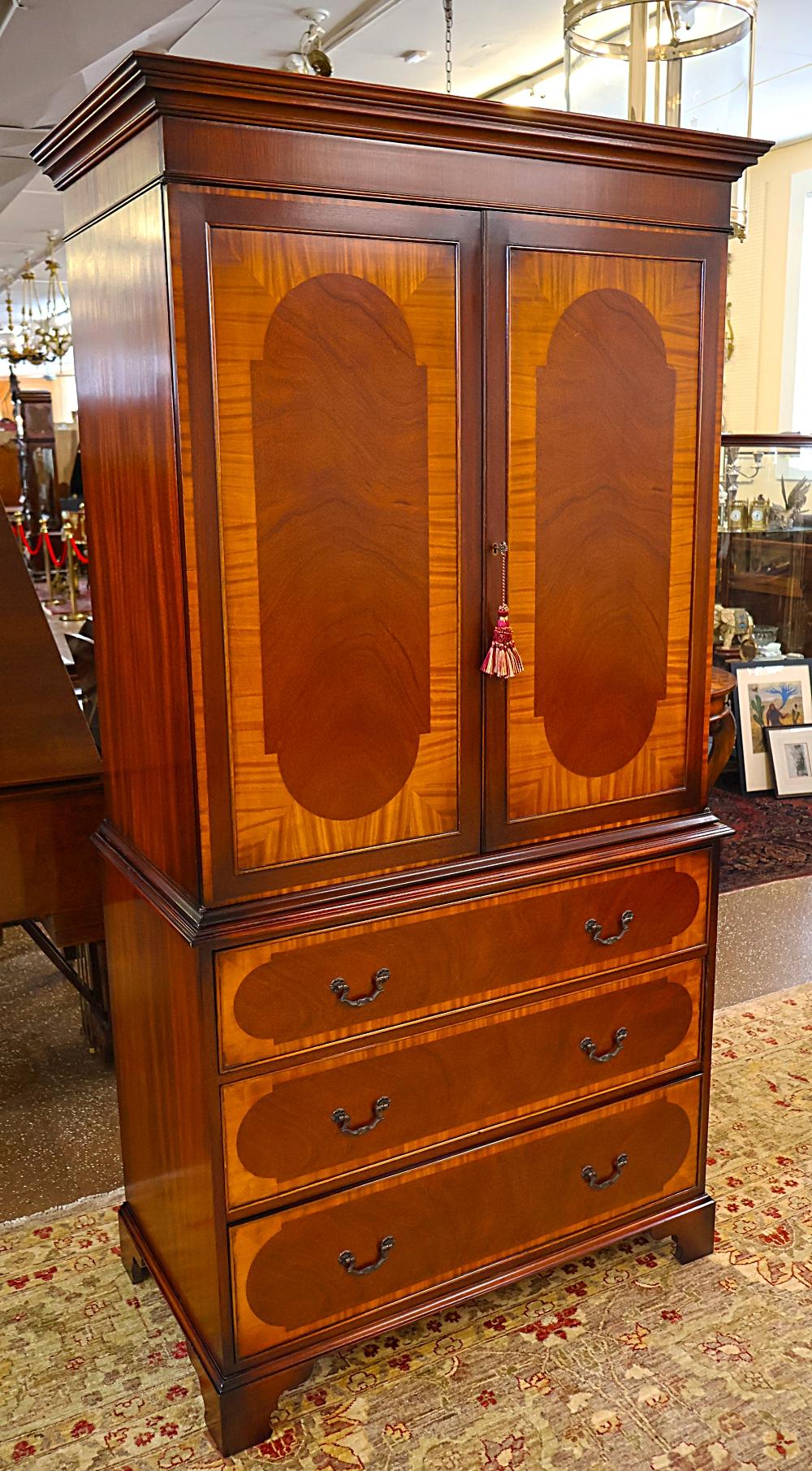 British English George III Style Mahogany Satinwood Banded Armoire Cabinet Linen Press