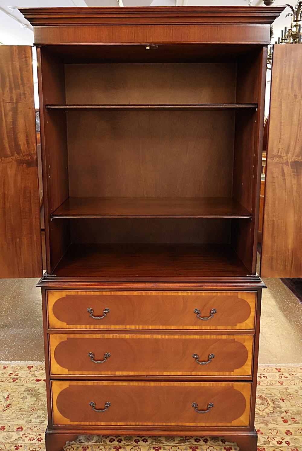 Late 20th Century English George III Style Mahogany Satinwood Banded Armoire Cabinet Linen Press