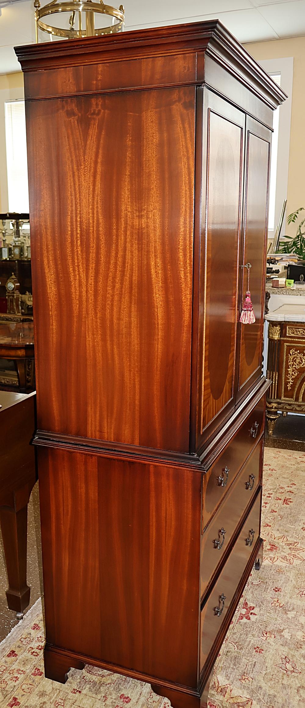 English George III Style Mahogany Satinwood Banded Armoire Cabinet Linen Press 1