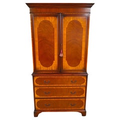 English George III Style Mahogany Satinwood Banded Armoire Cabinet Linen Press