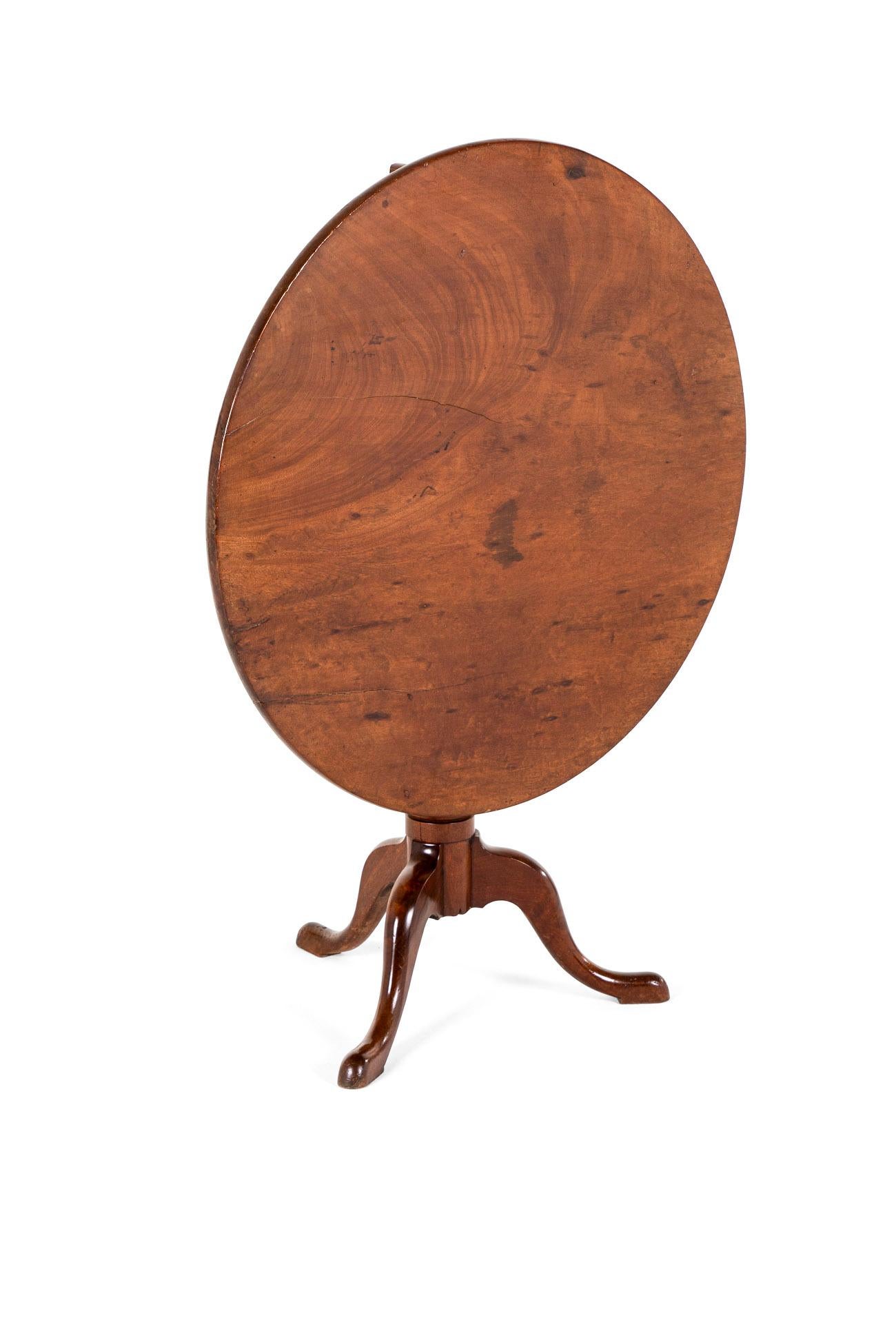 A splendid George III supper table with a circular tilting top upon a fruitwood block.

Beneath the table is a charming brass switch clasp that locks the table top into place once lowered.

The turned column incorporates unusual pieces of mahogany